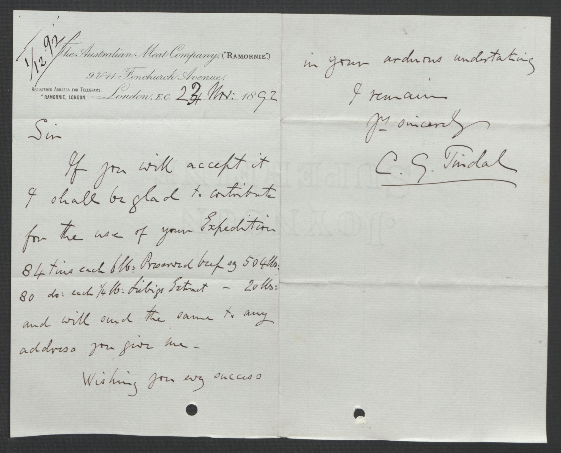 Arbeidskomitéen for Fridtjof Nansens polarekspedisjon, RA/PA-0061/D/L0004: Innk. brev og telegrammer vedr. proviant og utrustning, 1892-1893, s. 417