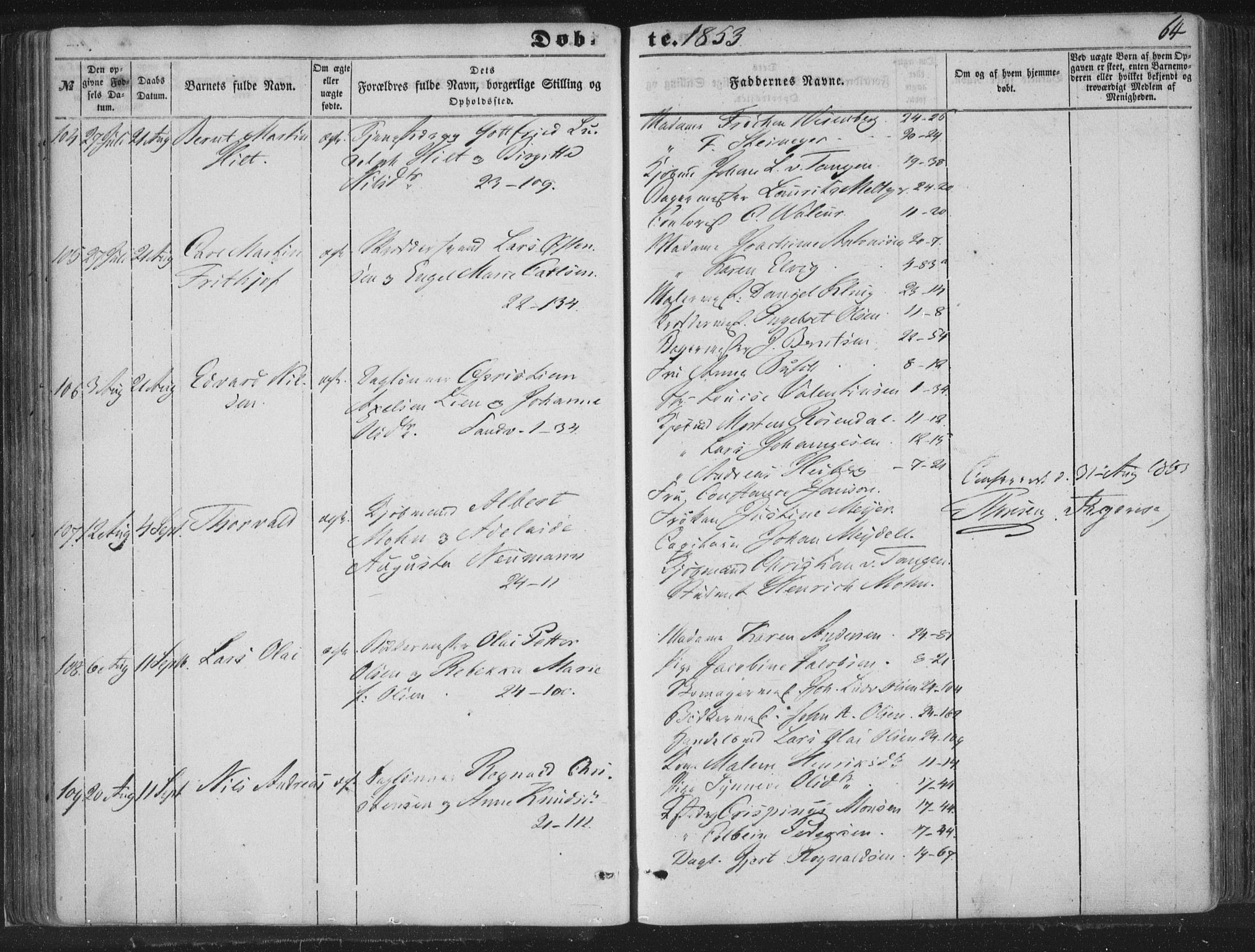 Korskirken sokneprestembete, SAB/A-76101/H/Haa/L0017: Ministerialbok nr. B 3, 1851-1857, s. 64
