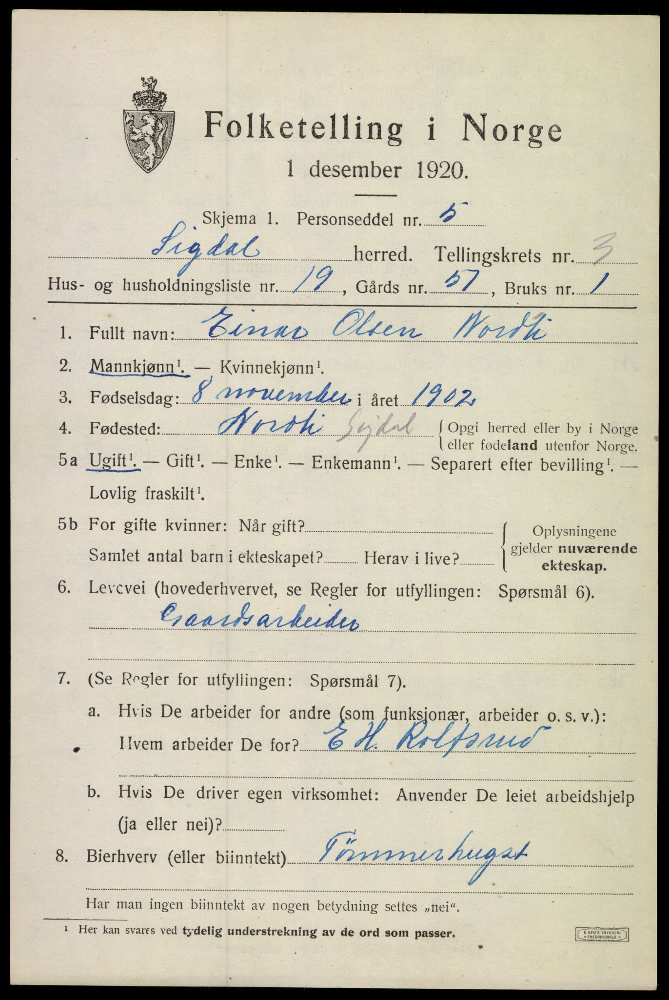 SAKO, Folketelling 1920 for 0621 Sigdal herred, 1920, s. 2990