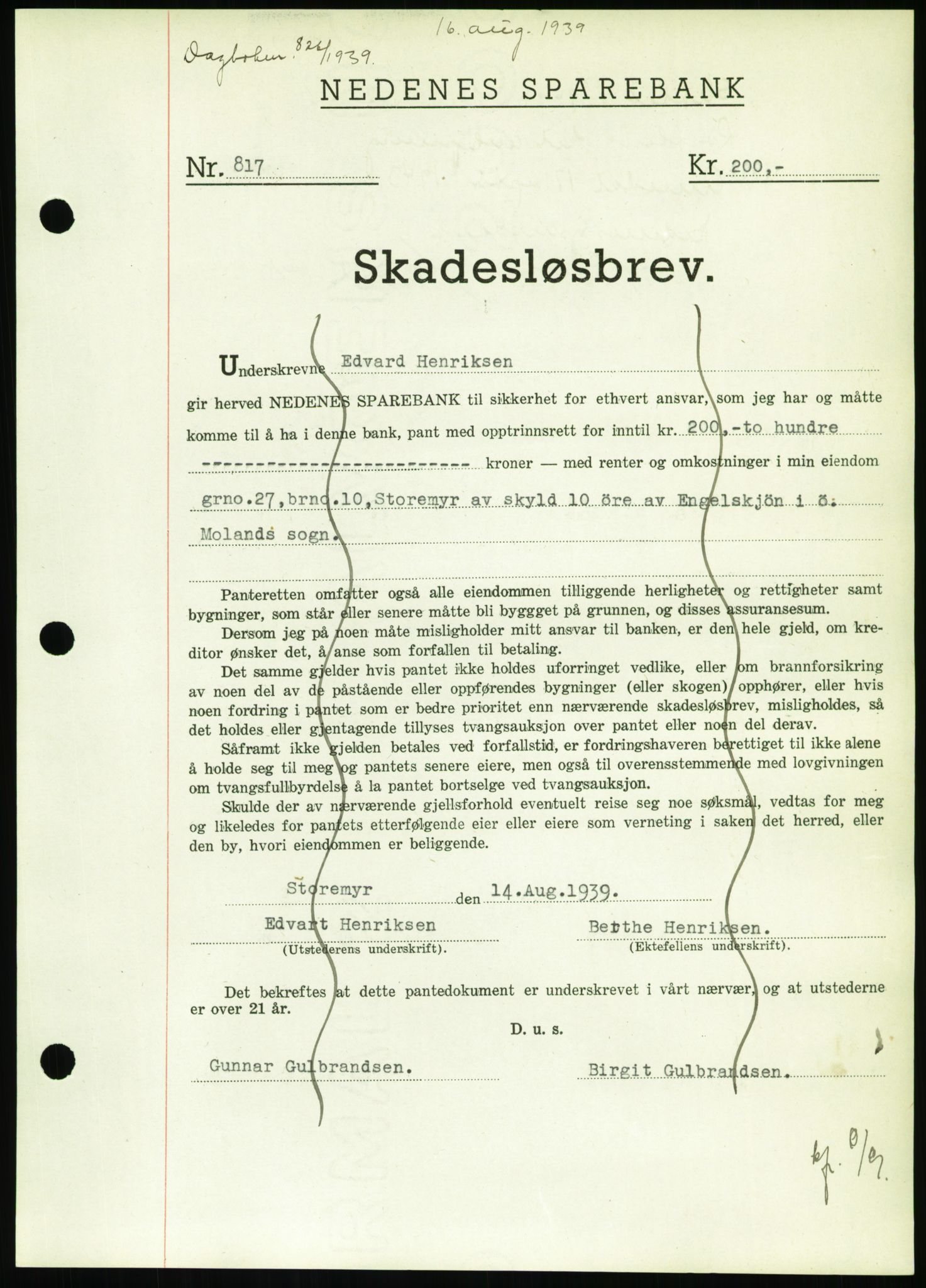 Nedenes sorenskriveri, SAK/1221-0006/G/Gb/Gbb/L0001: Pantebok nr. I, 1939-1942, Dagboknr: 826/1939