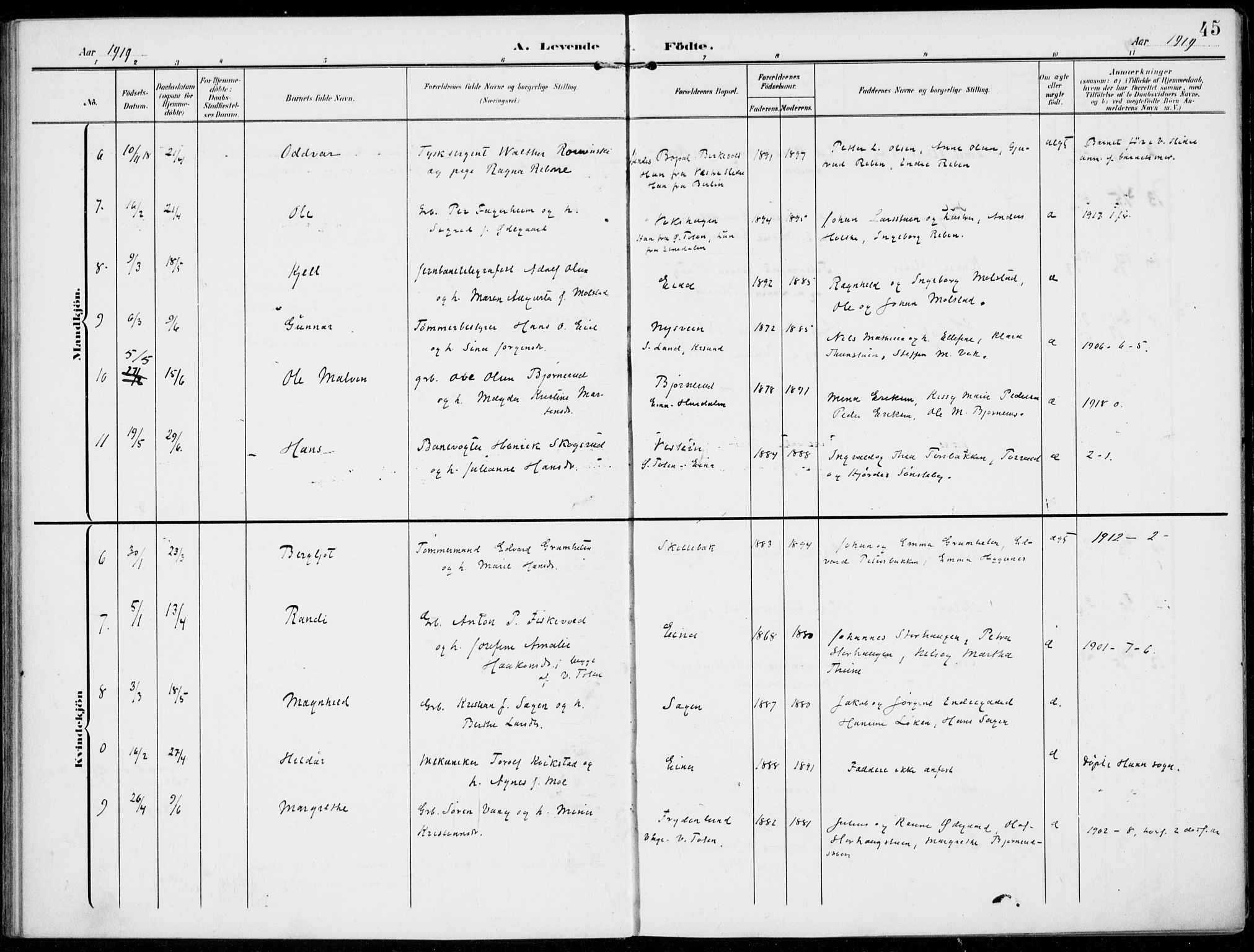 Kolbu prestekontor, SAH/PREST-110/H/Ha/Haa/L0001: Ministerialbok nr. 1, 1907-1923, s. 45