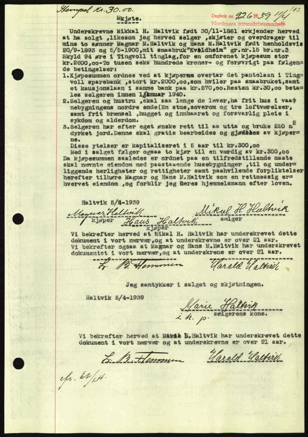 Nordmøre sorenskriveri, SAT/A-4132/1/2/2Ca: Pantebok nr. A86, 1939-1939, Dagboknr: 926/1939