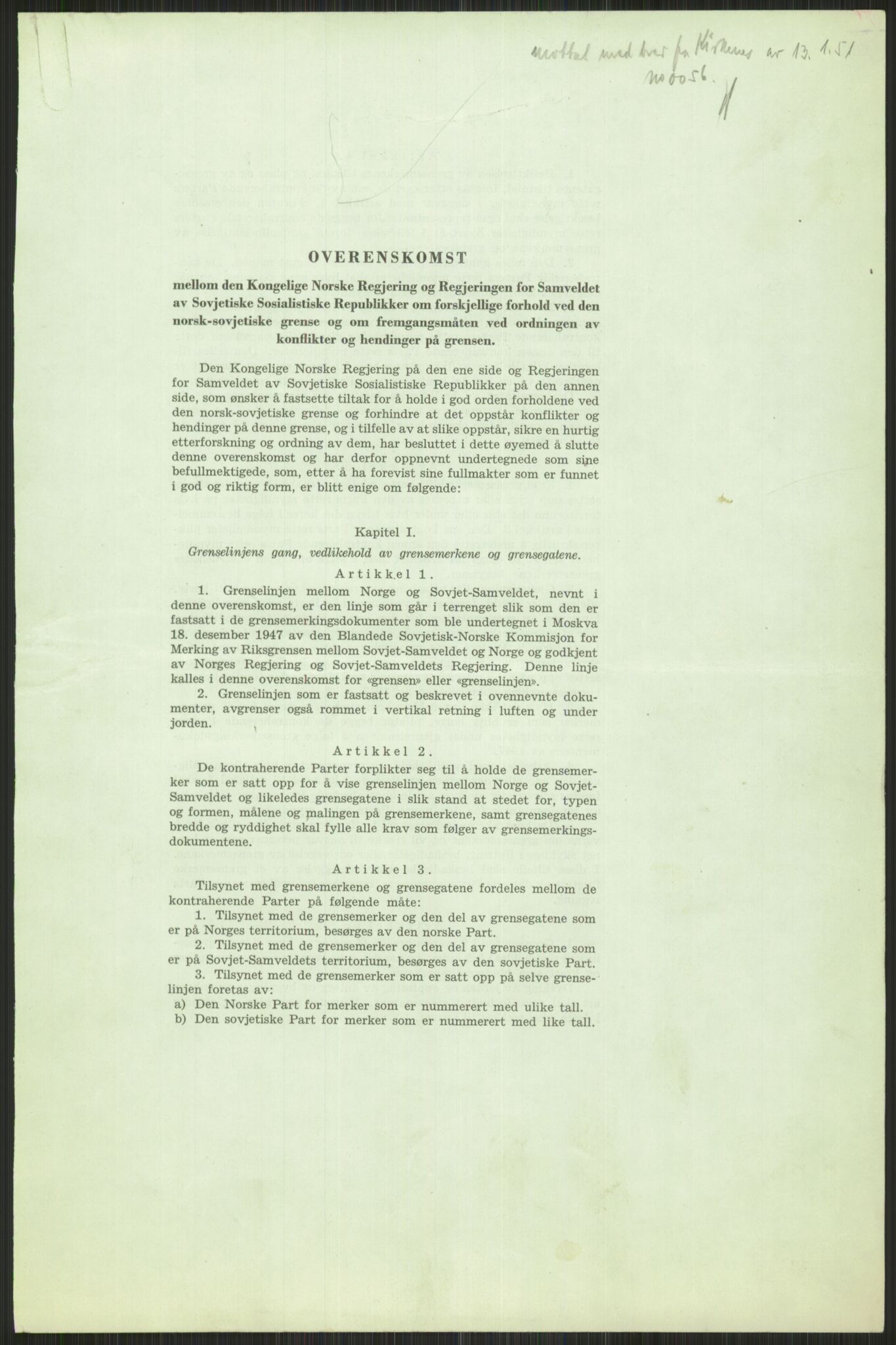 A/S Sydvaranger, RA/PA-0383/Q/Qa/L0003/0009: Eiendom / Overenskomst mellom den norske og den russiske regjering vedr. forskjellige forhold ved grunn (8), 1949