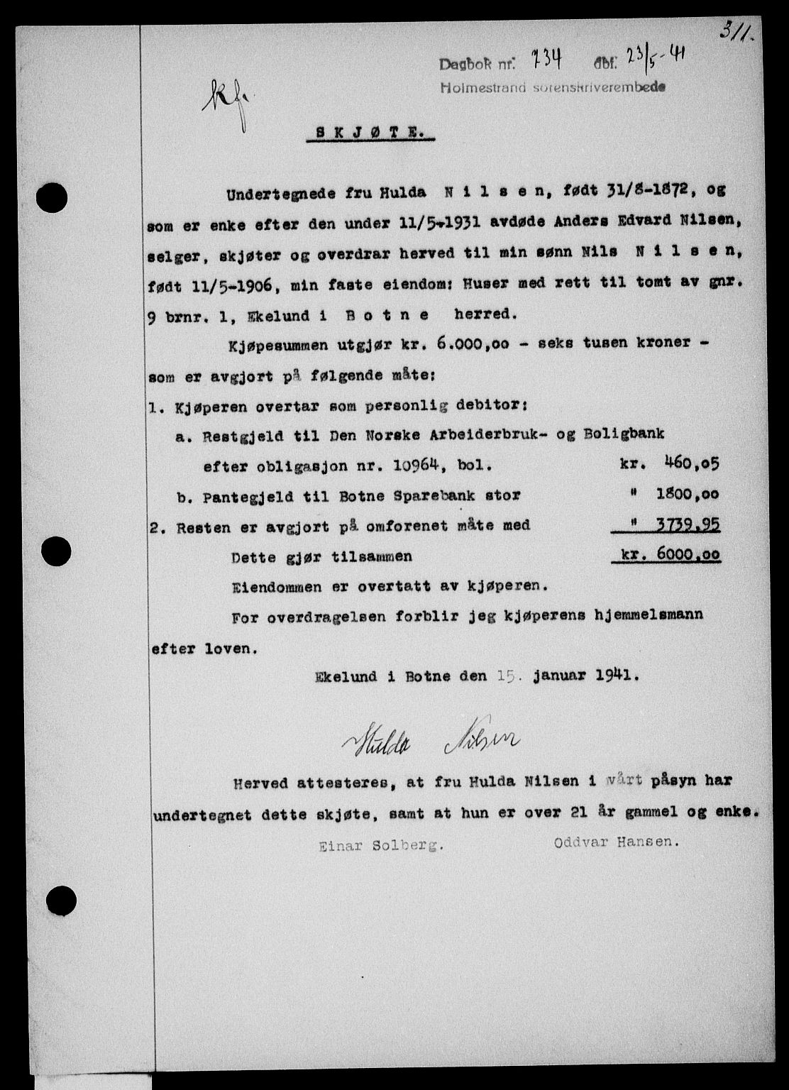 Holmestrand sorenskriveri, SAKO/A-67/G/Ga/Gaa/L0053: Pantebok nr. A-53, 1941-1941, Dagboknr: 734/1941