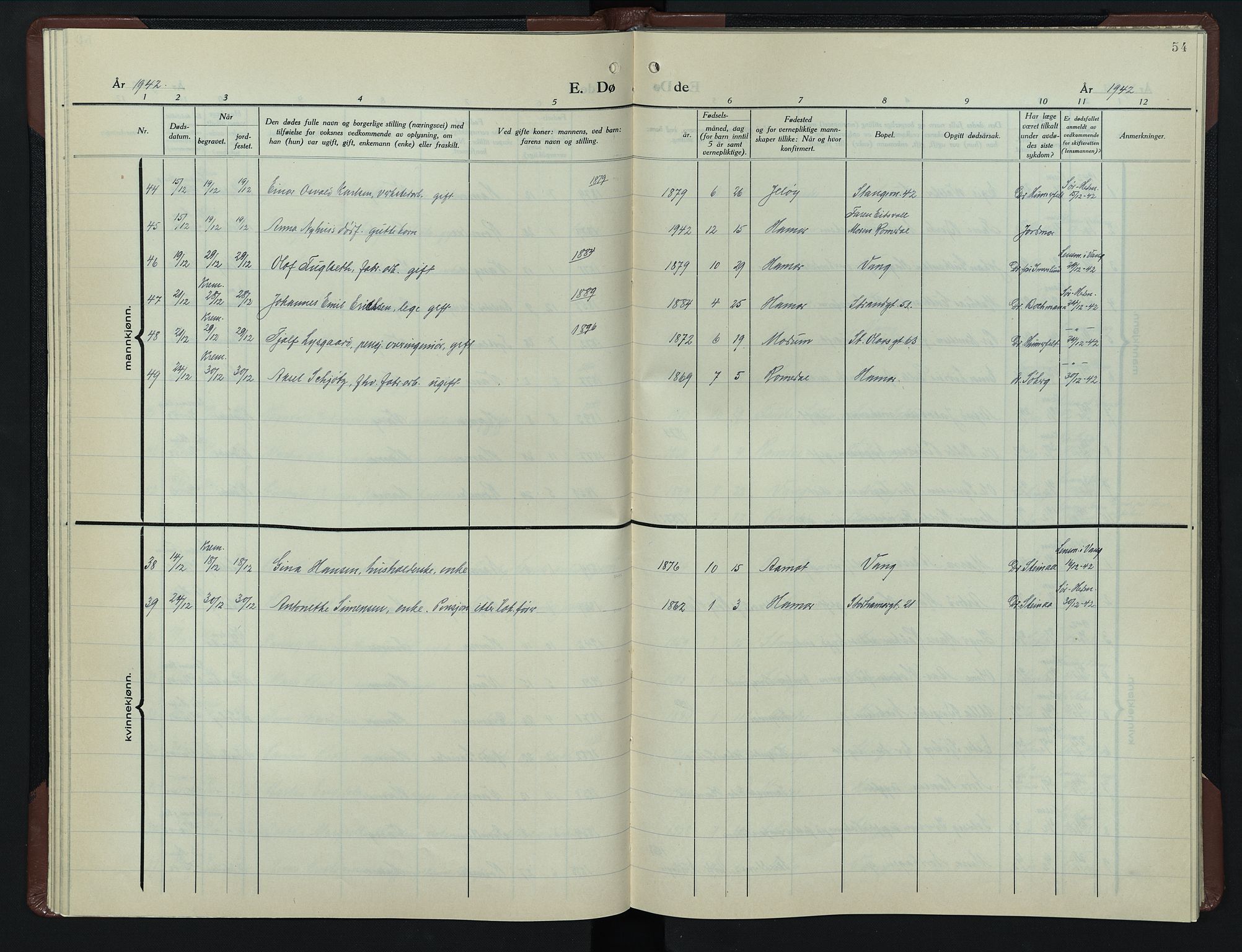 Hamar prestekontor, AV/SAH-DOMPH-002/H/Ha/Hab/L0007: Klokkerbok nr. 7, 1933-1950, s. 54