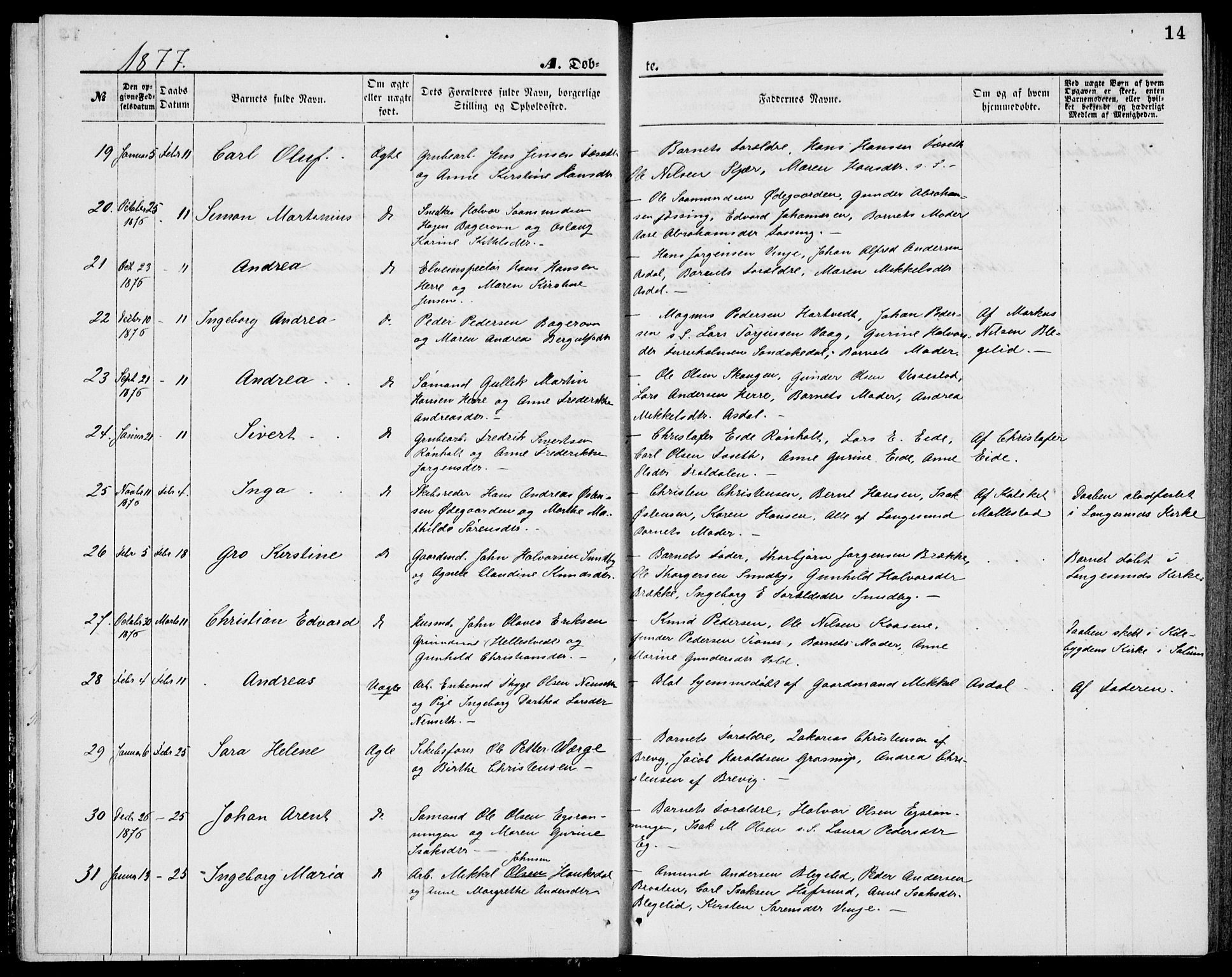Bamble kirkebøker, AV/SAKO-A-253/G/Ga/L0007: Klokkerbok nr. I 7, 1876-1877, s. 14