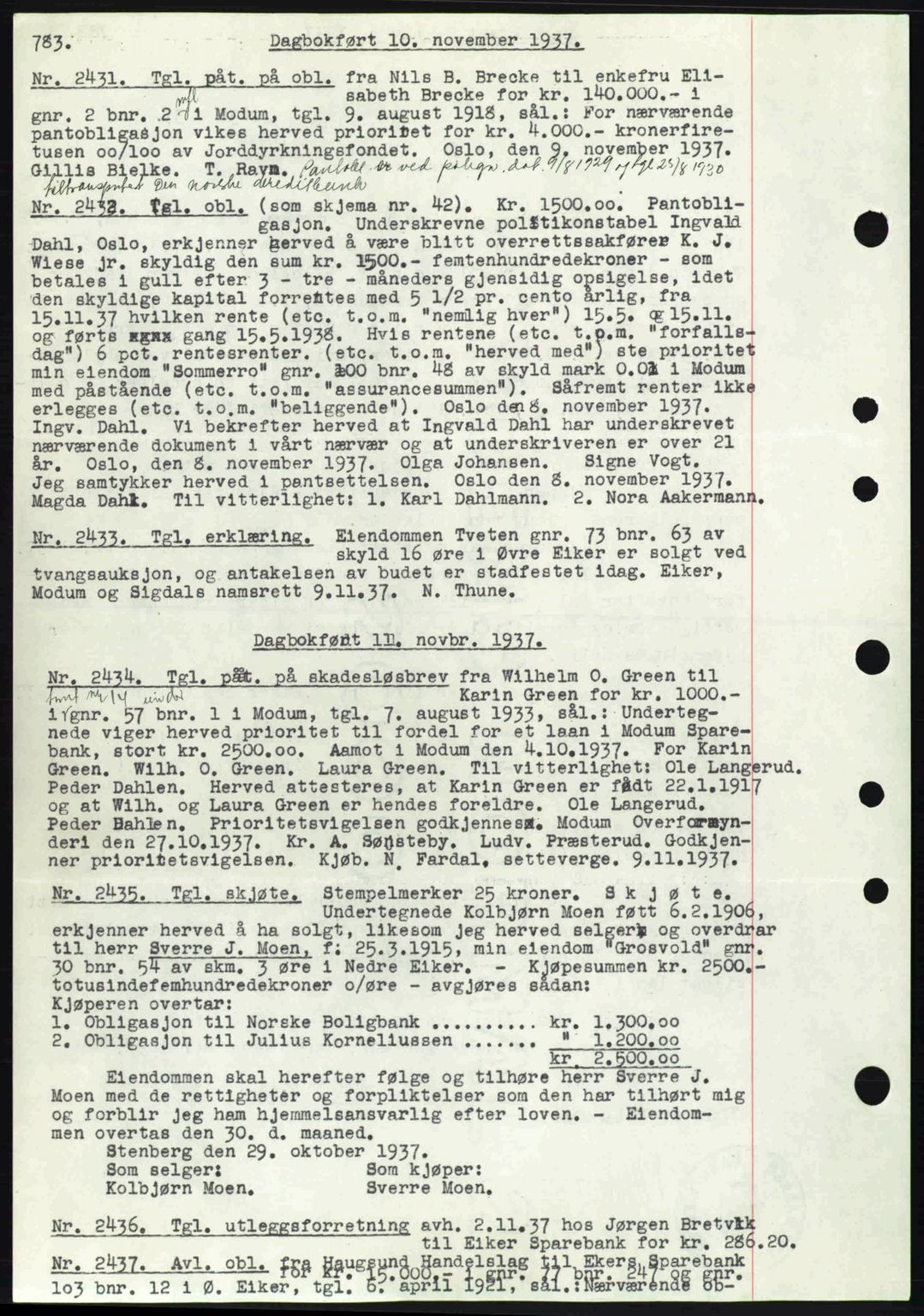 Eiker, Modum og Sigdal sorenskriveri, SAKO/A-123/G/Ga/Gab/L0036: Pantebok nr. A6, 1937-1937, Dagboknr: 2431/1937