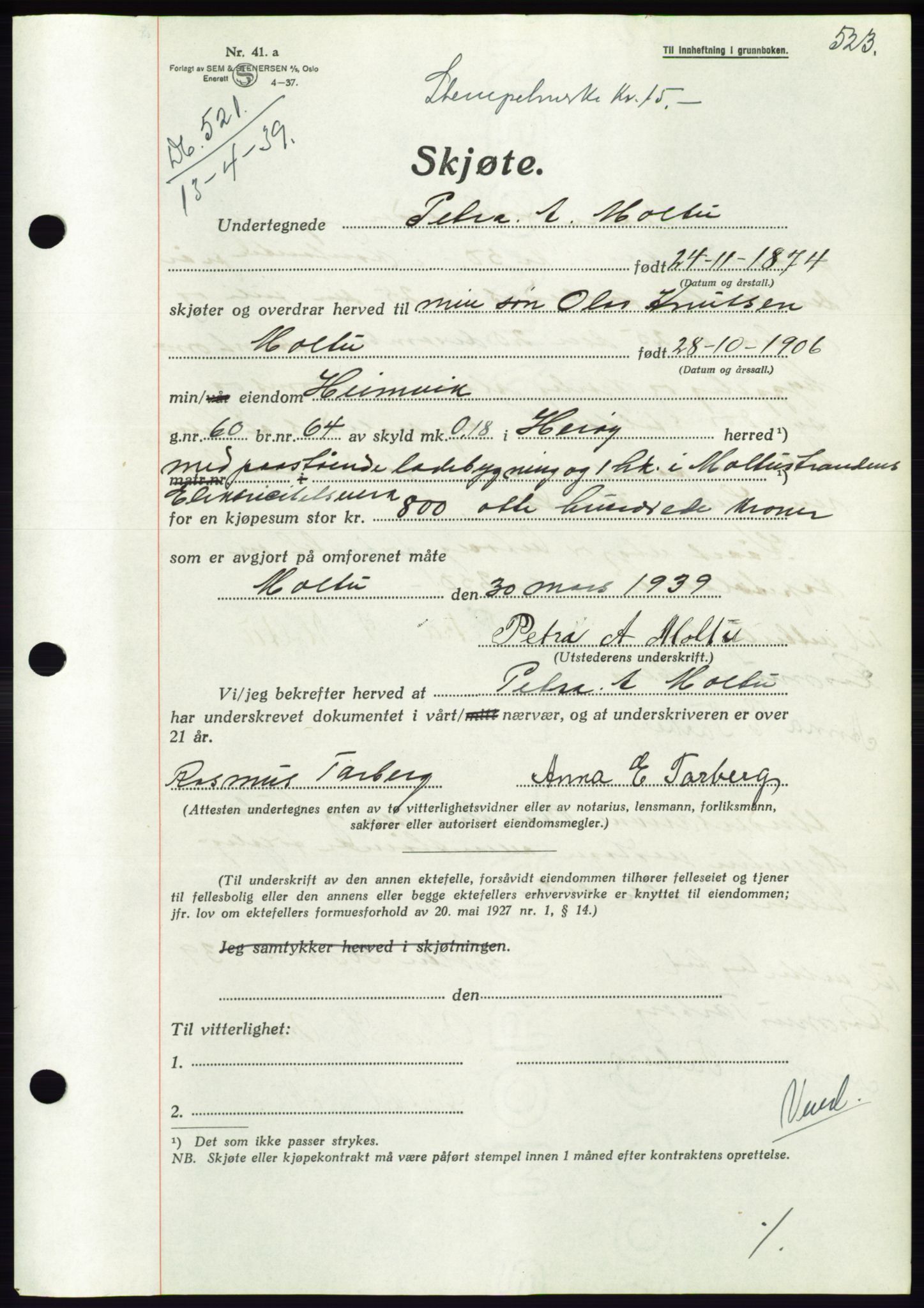 Søre Sunnmøre sorenskriveri, AV/SAT-A-4122/1/2/2C/L0067: Pantebok nr. 61, 1938-1939, Dagboknr: 521/1939