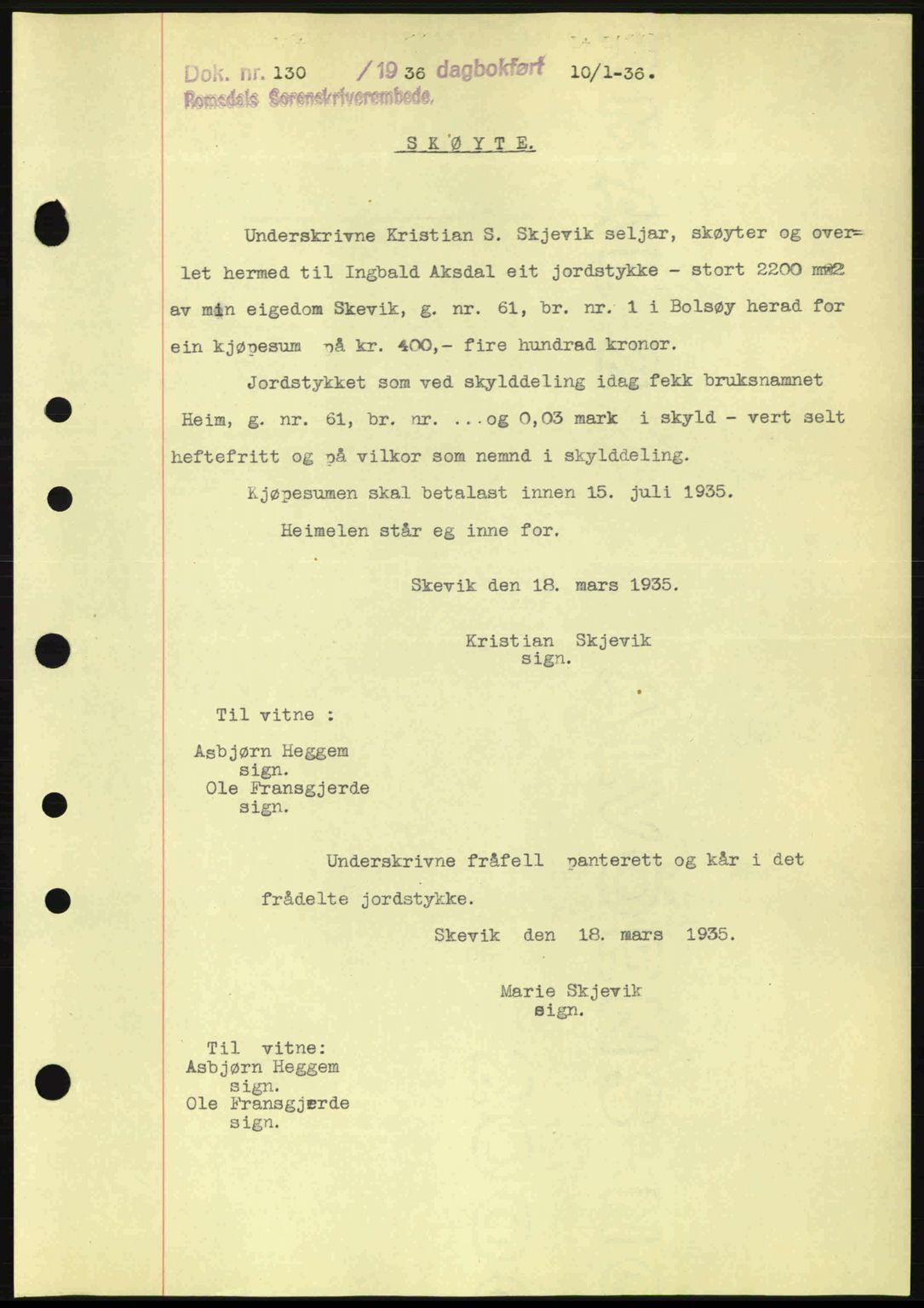 Romsdal sorenskriveri, SAT/A-4149/1/2/2C: Pantebok nr. A1, 1936-1936, Dagboknr: 130/1936