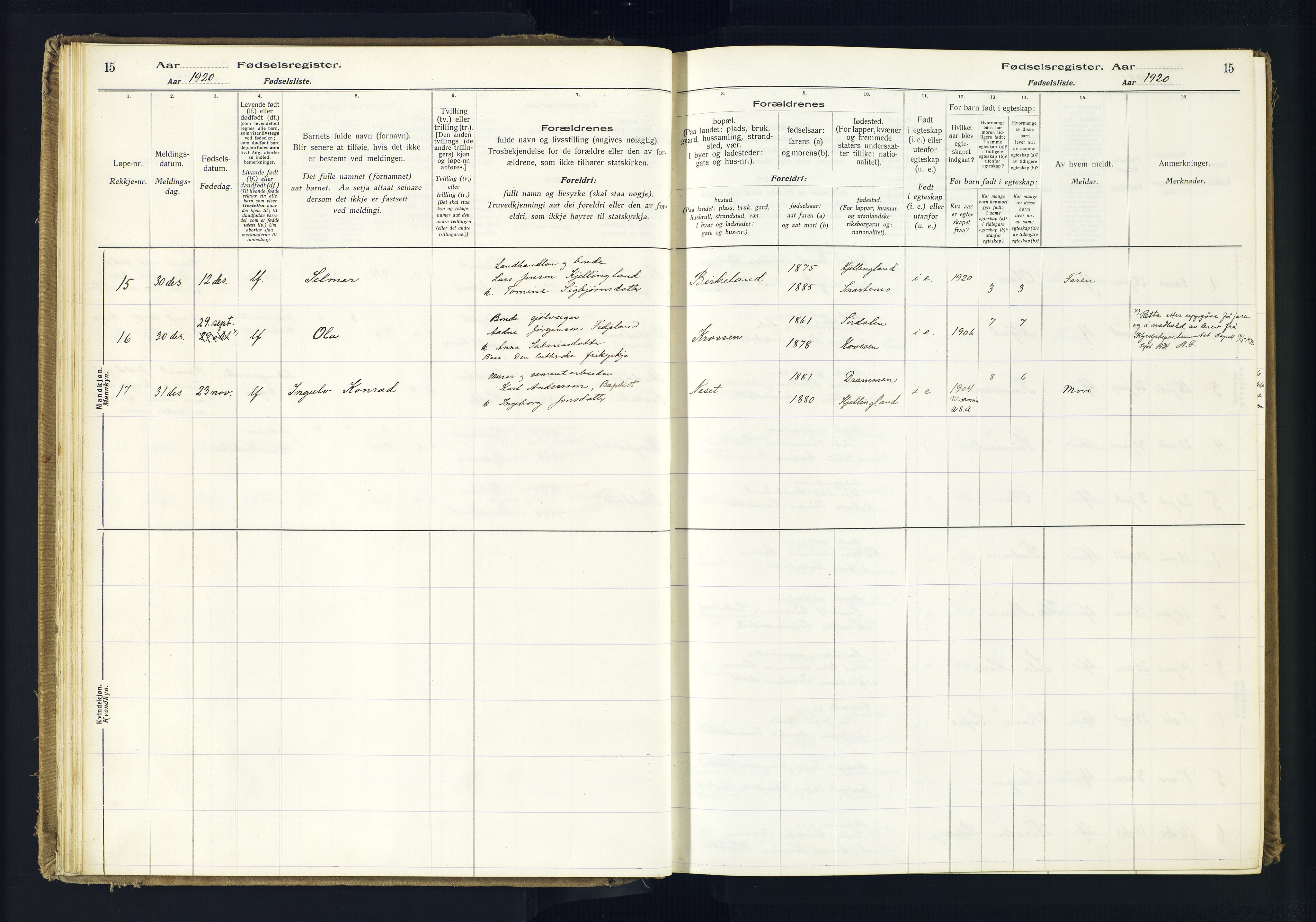 Hægebostad sokneprestkontor, AV/SAK-1111-0024/J/Ja/L0001: Fødselsregister nr. II.6.7, 1916-1982, s. 15