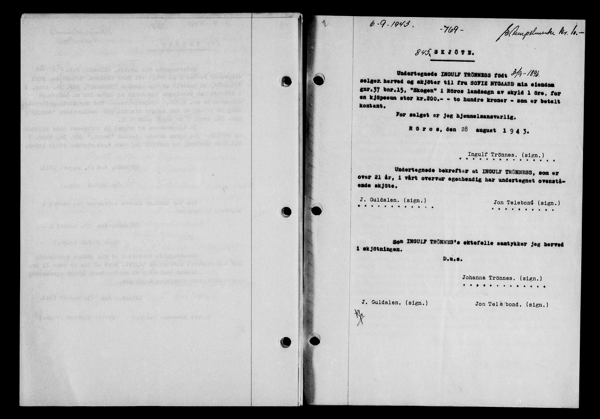Gauldal sorenskriveri, SAT/A-0014/1/2/2C/L0056: Pantebok nr. 61, 1942-1943, Dagboknr: 845/1943