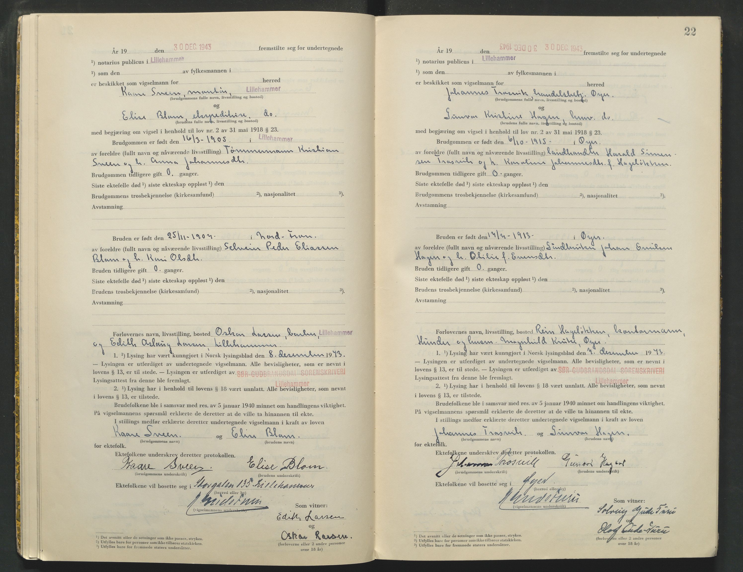 Sør-Gudbrandsdal tingrett, AV/SAH-TING-004/L/Lc/L0004: Vigselsprotokoll, 1943-1944, s. 22