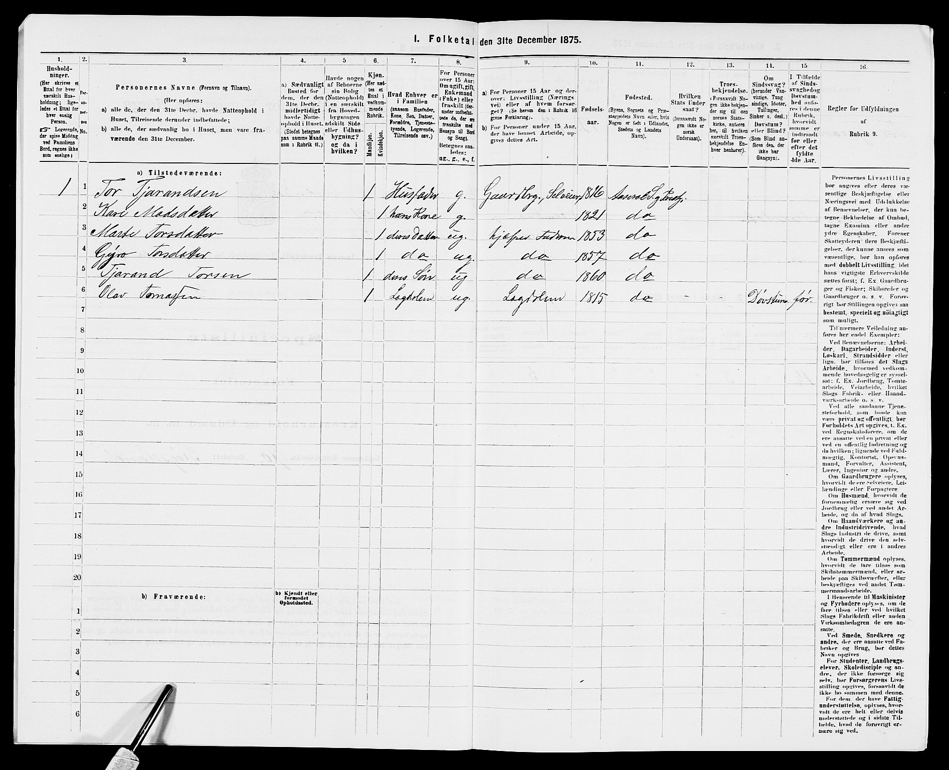 SAK, Folketelling 1875 for 0980P Åseral prestegjeld, 1875, s. 37