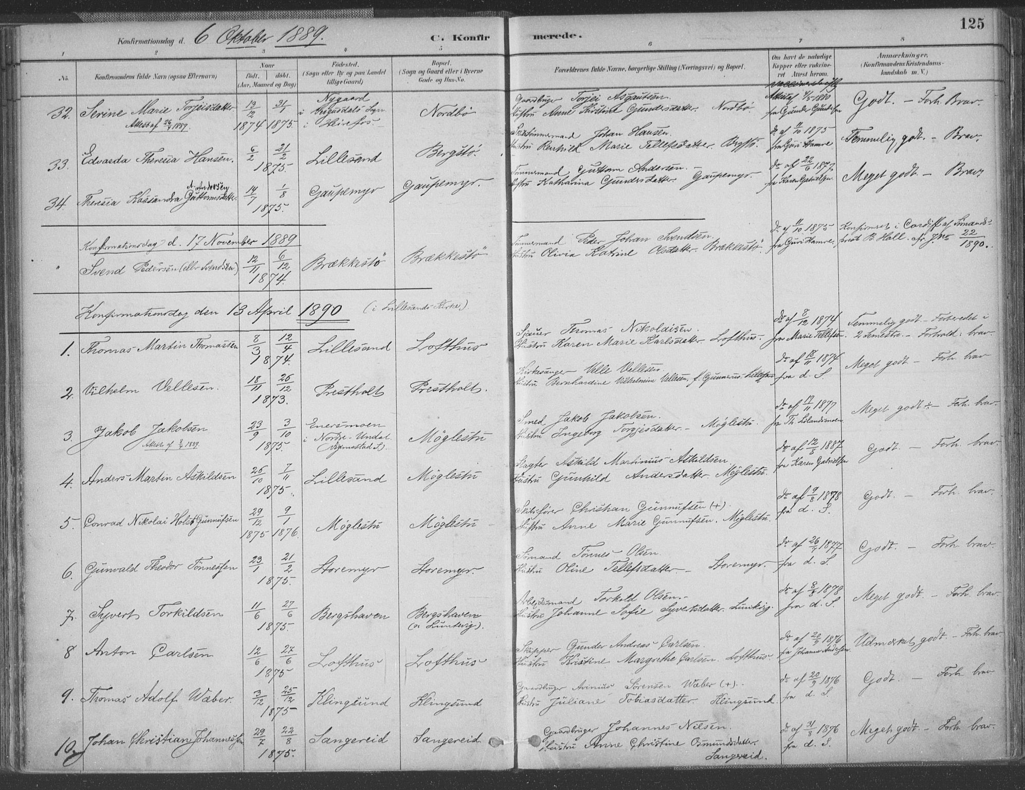 Vestre Moland sokneprestkontor, AV/SAK-1111-0046/F/Fa/Fab/L0009: Ministerialbok nr. A 9, 1884-1899, s. 125