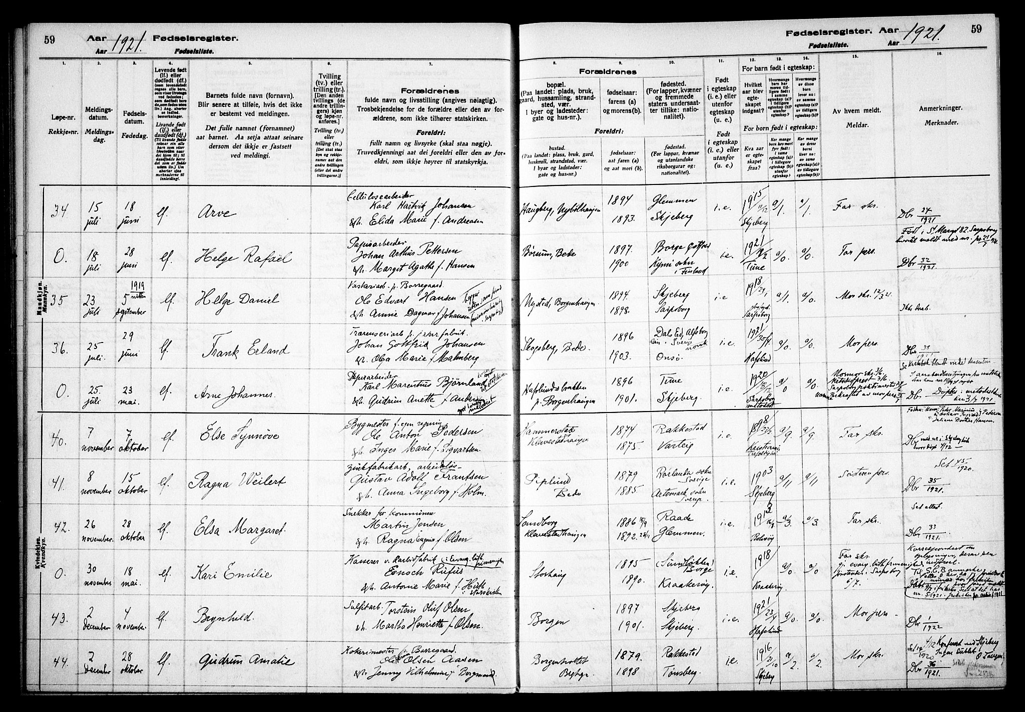 Skjeberg prestekontor Kirkebøker, AV/SAO-A-10923/J/Jd/L0001: Fødselsregister nr. IV 1, 1916-1935, s. 59
