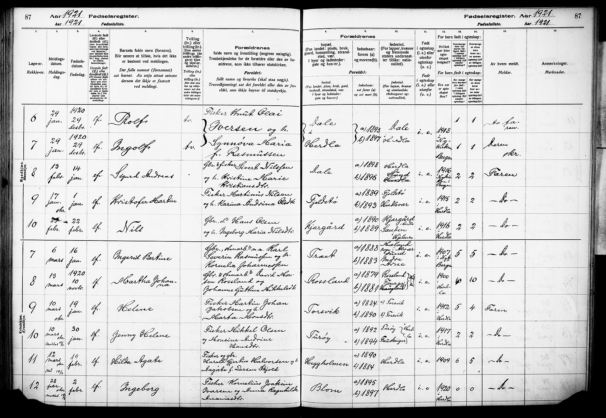 Herdla Sokneprestembete, AV/SAB-A-75701/I/Id/L00A1: Fødselsregister nr. A 1, 1916-1929, s. 87