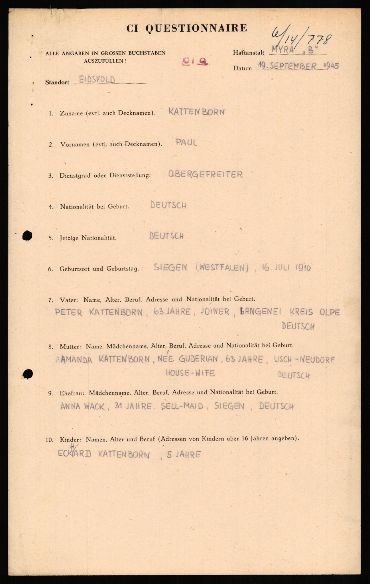 Forsvaret, Forsvarets overkommando II, AV/RA-RAFA-3915/D/Db/L0015: CI Questionaires. Tyske okkupasjonsstyrker i Norge. Tyskere., 1945-1946, s. 449