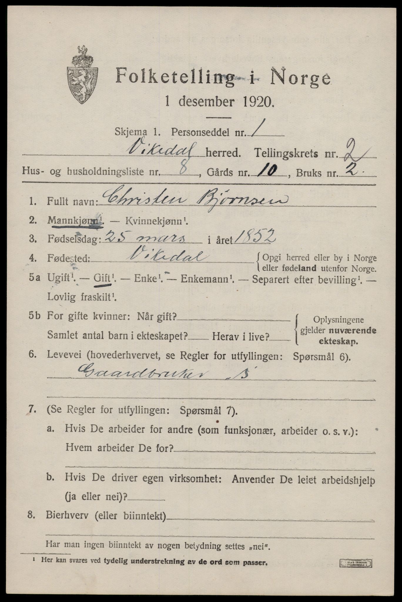 SAST, Folketelling 1920 for 1157 Vikedal herred, 1920, s. 1457