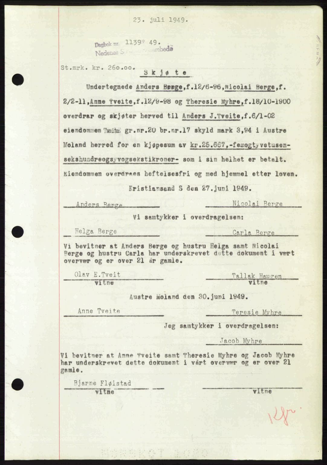 Nedenes sorenskriveri, AV/SAK-1221-0006/G/Gb/Gba/L0061: Pantebok nr. A13, 1949-1949, Dagboknr: 1139/1949