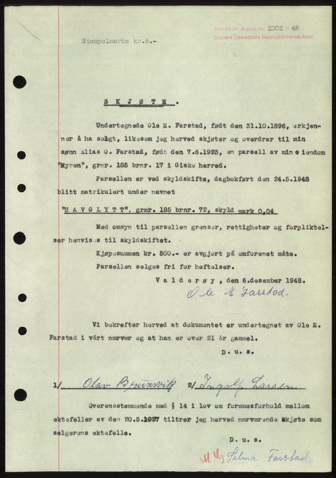 Nordre Sunnmøre sorenskriveri, AV/SAT-A-0006/1/2/2C/2Ca: Pantebok nr. A29, 1948-1949, Dagboknr: 2302/1948