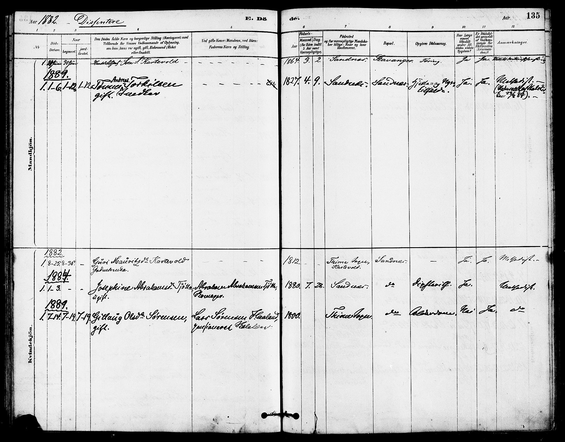 Høyland sokneprestkontor, AV/SAST-A-101799/001/30BA/L0012: Ministerialbok nr. A 11, 1878-1889, s. 135
