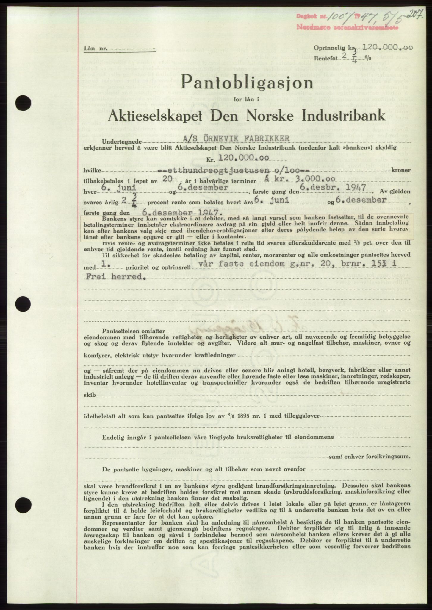Nordmøre sorenskriveri, SAT/A-4132/1/2/2Ca: Pantebok nr. B96, 1947-1947, Dagboknr: 1007/1947