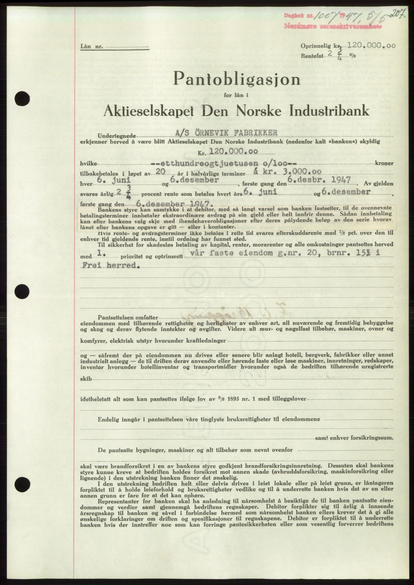 Nordmøre sorenskriveri, AV/SAT-A-4132/1/2/2Ca: Pantebok nr. B96, 1947-1947, Dagboknr: 1007/1947