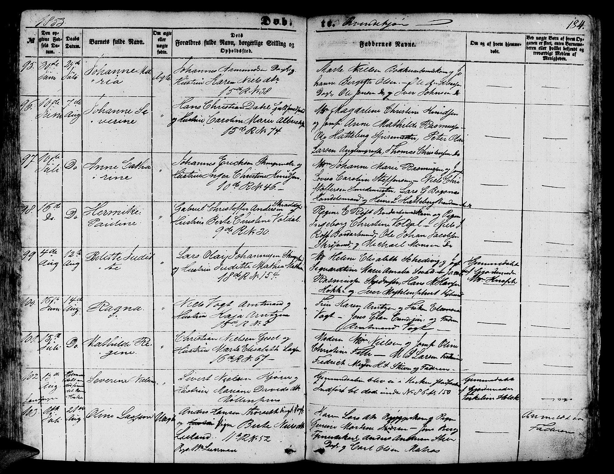 Domkirken sokneprestembete, AV/SAB-A-74801/H/Hab/L0010: Klokkerbok nr. B 3, 1849-1856, s. 184