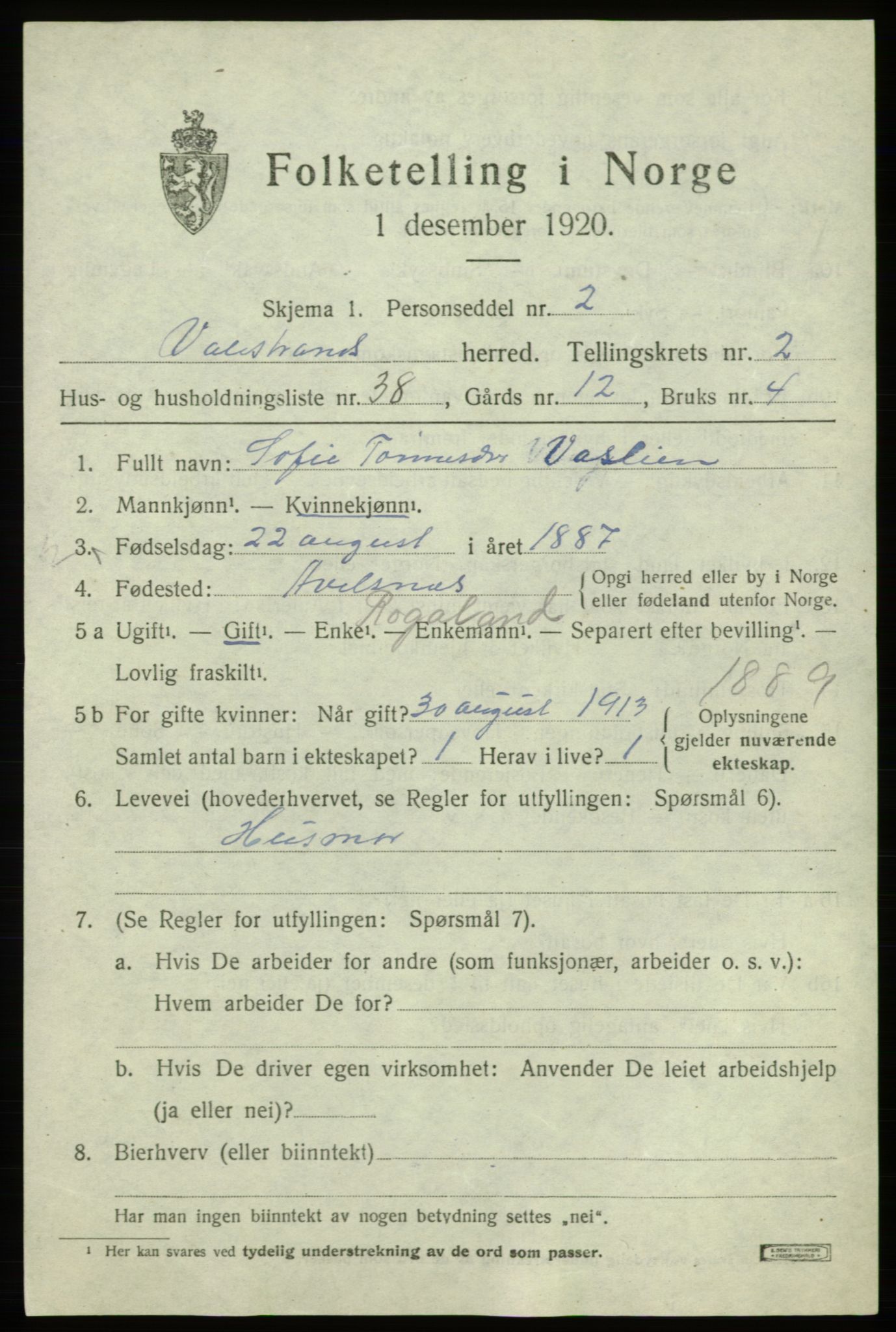 SAB, Folketelling 1920 for 1217 Valestrand herred, 1920, s. 1245