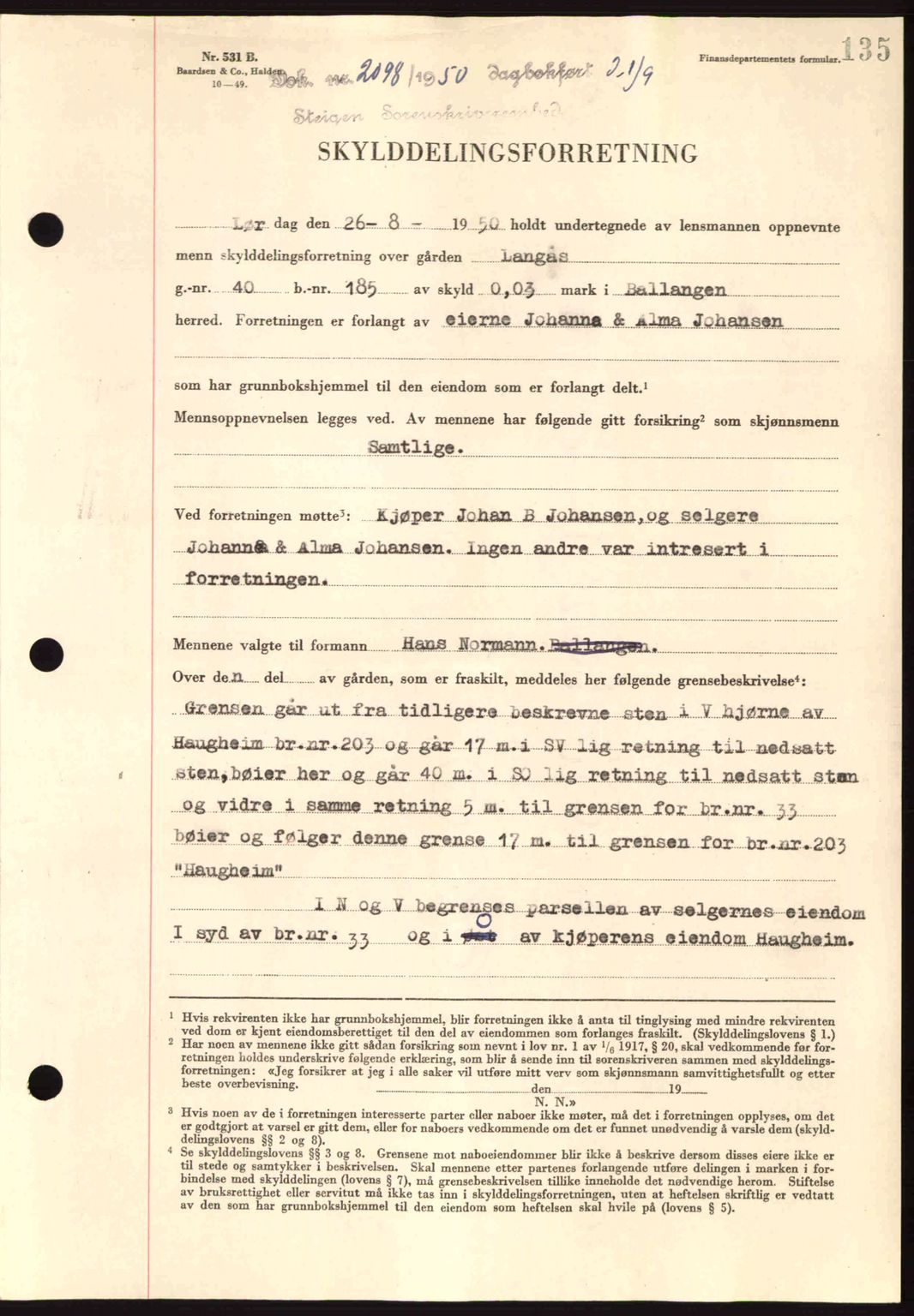 Steigen og Ofoten sorenskriveri, SAT/A-0030/1/2/2C: Pantebok nr. A21, 1950-1950, Dagboknr: 2098/1950