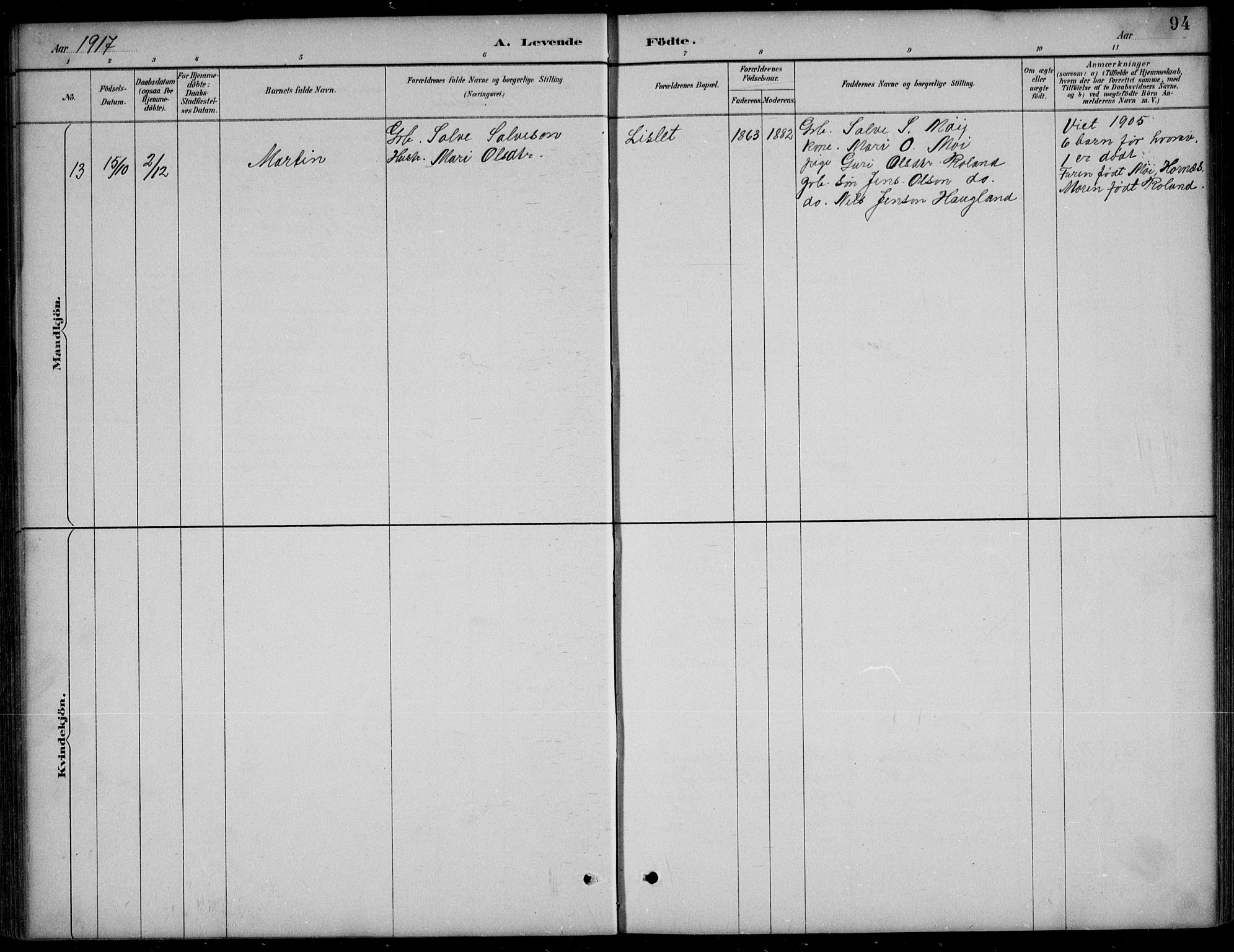 Bjelland sokneprestkontor, AV/SAK-1111-0005/F/Fb/Fba/L0005: Klokkerbok nr. B 5, 1887-1923, s. 94