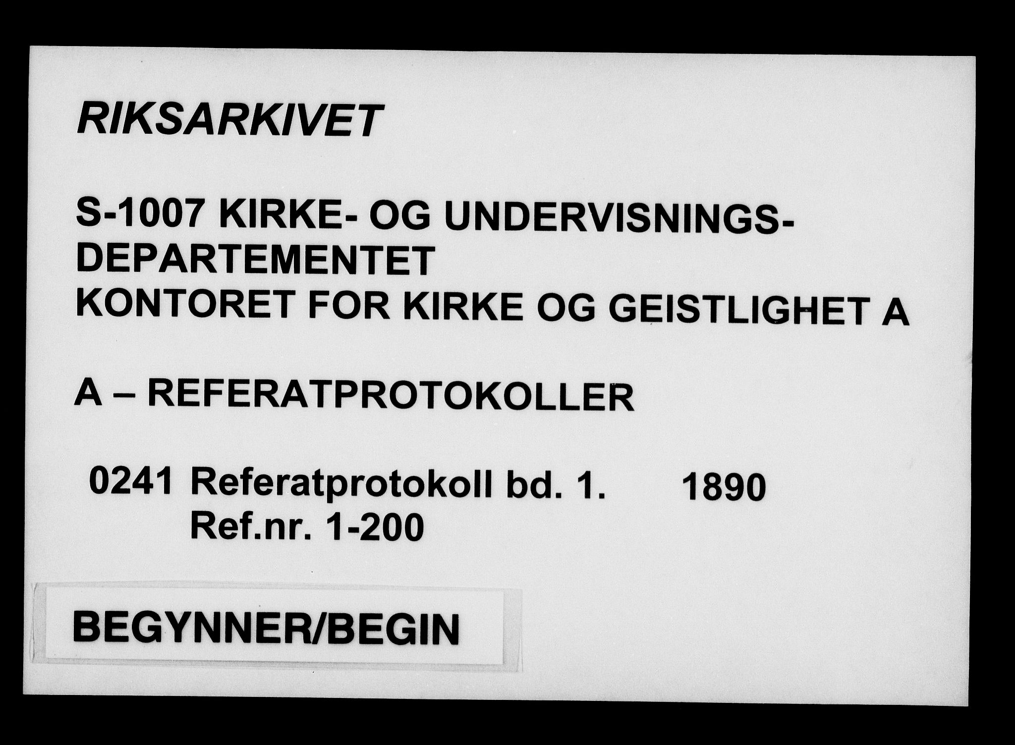 Kirke- og undervisningsdepartementet, Kontoret  for kirke og geistlighet A, RA/S-1007/A/Aa/L0241: Referatprotokoll bd. 1. Ref.nr. 1-200, 1890