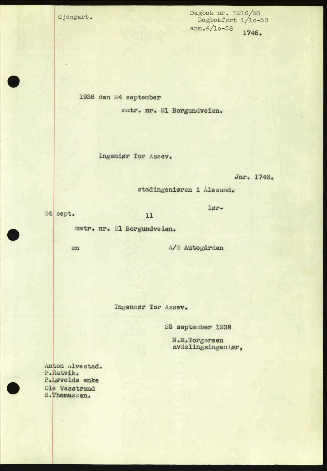 Ålesund byfogd, AV/SAT-A-4384: Pantebok nr. 34 II, 1938-1940, Dagboknr: 1216/1938