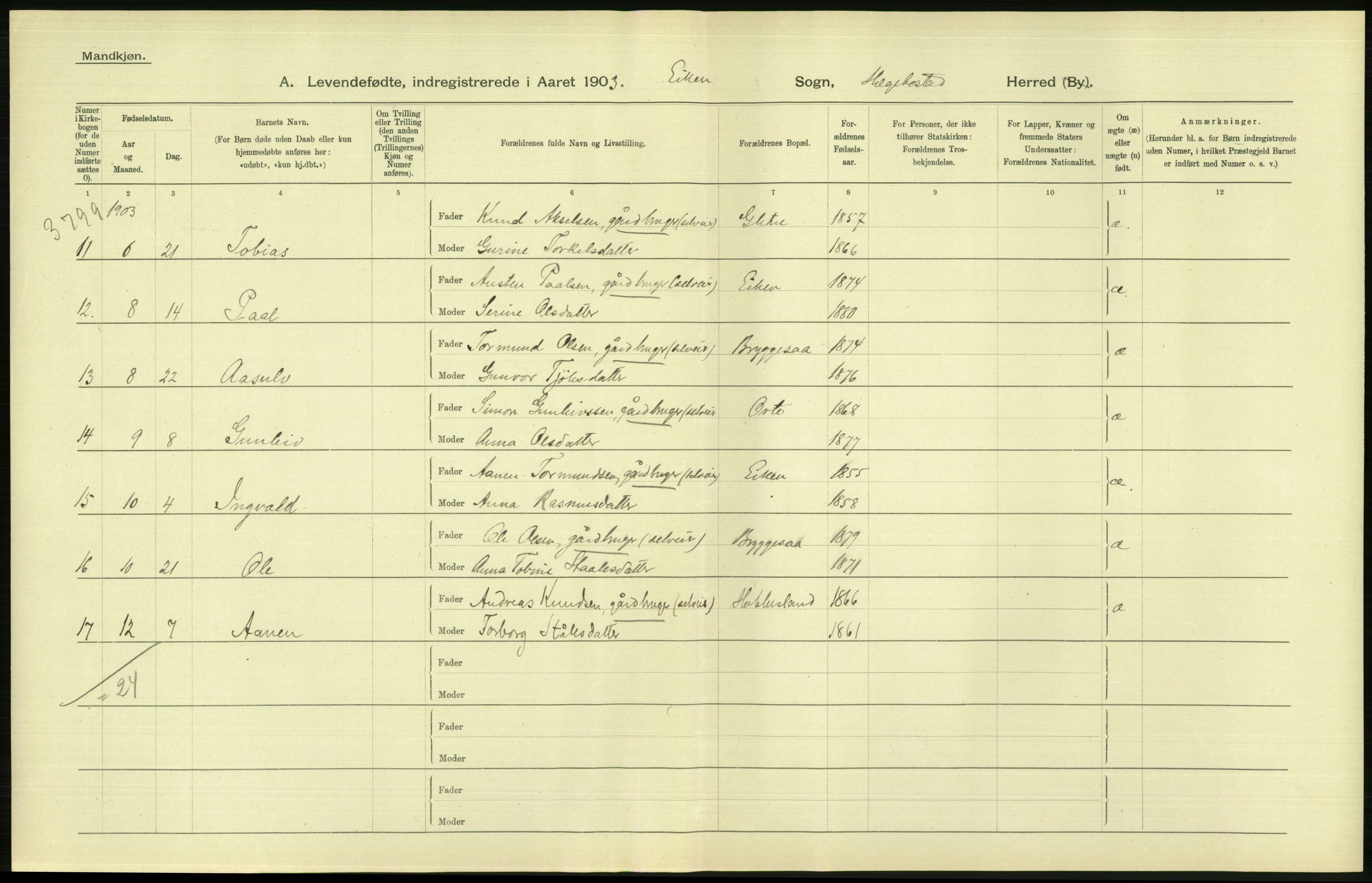 Statistisk sentralbyrå, Sosiodemografiske emner, Befolkning, AV/RA-S-2228/D/Df/Dfa/Dfaa/L0011: Lister og Mandal amt: Fødte, gifte, døde, 1903, s. 54