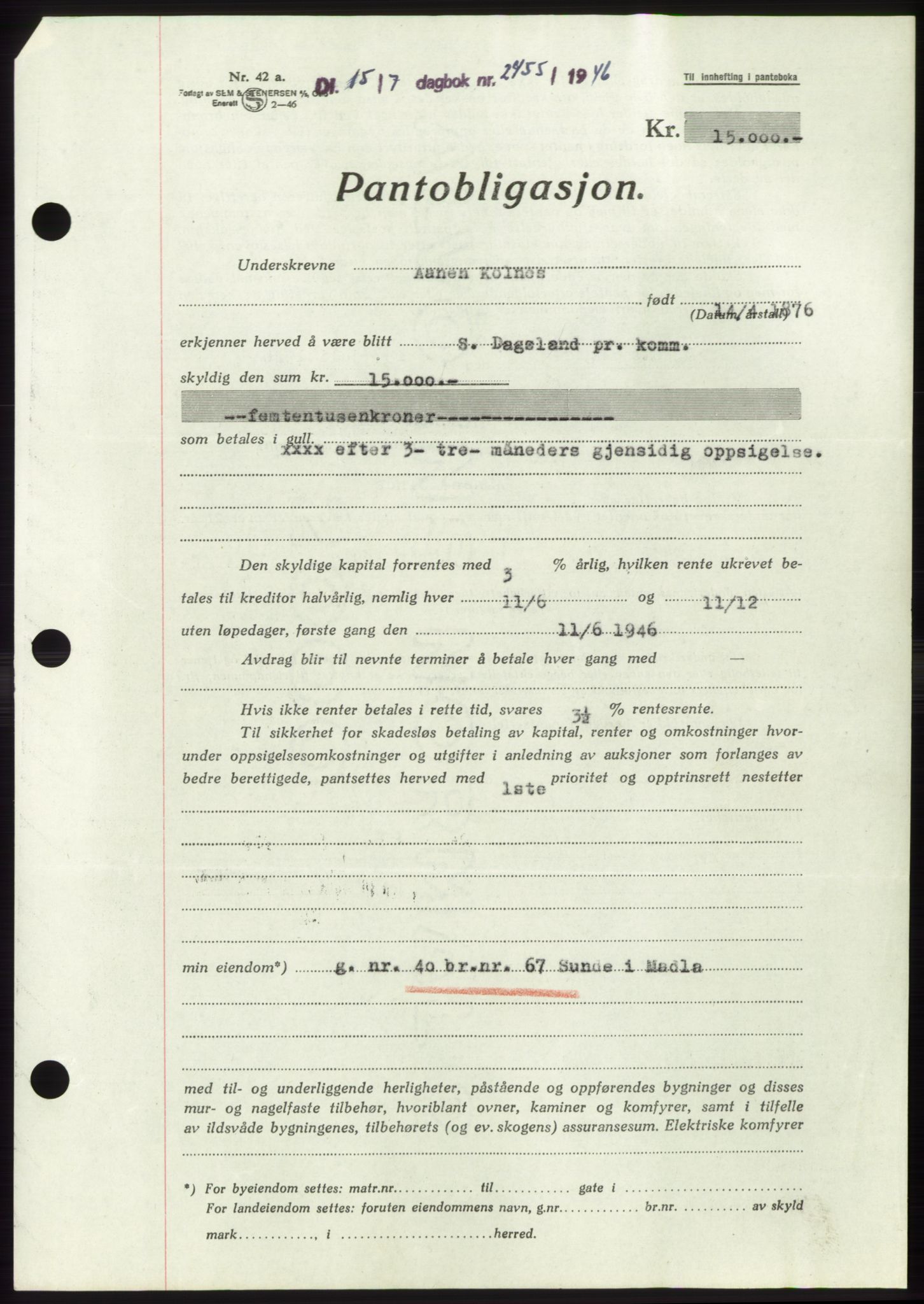 Jæren sorenskriveri, SAST/A-100310/03/G/Gba/L0090: Pantebok, 1946-1946, Dagboknr: 2455/1946