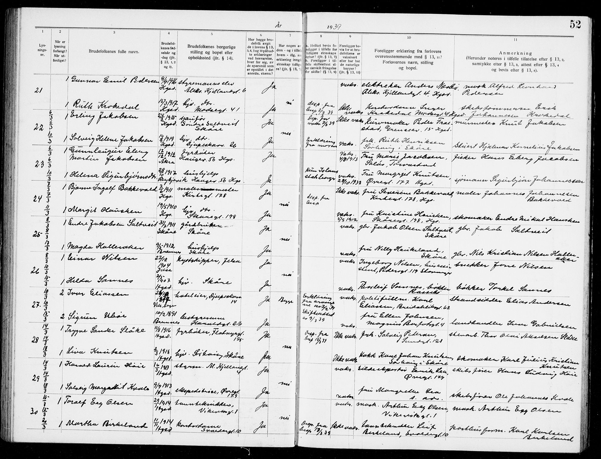 Haugesund sokneprestkontor, AV/SAST-A -101863/I/Ie/L0008: Lysningsprotokoll nr. VIII 8, 1936-1941, s. 52