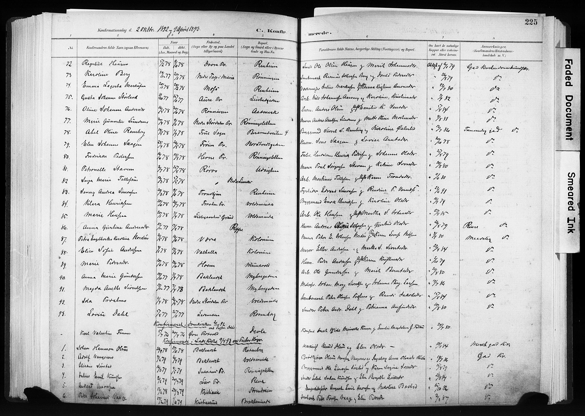 Ministerialprotokoller, klokkerbøker og fødselsregistre - Sør-Trøndelag, SAT/A-1456/606/L0300: Ministerialbok nr. 606A15, 1886-1893, s. 225