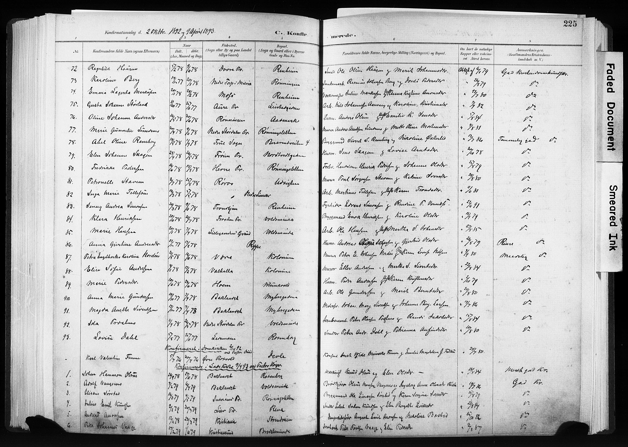 Ministerialprotokoller, klokkerbøker og fødselsregistre - Sør-Trøndelag, AV/SAT-A-1456/606/L0300: Ministerialbok nr. 606A15, 1886-1893, s. 225