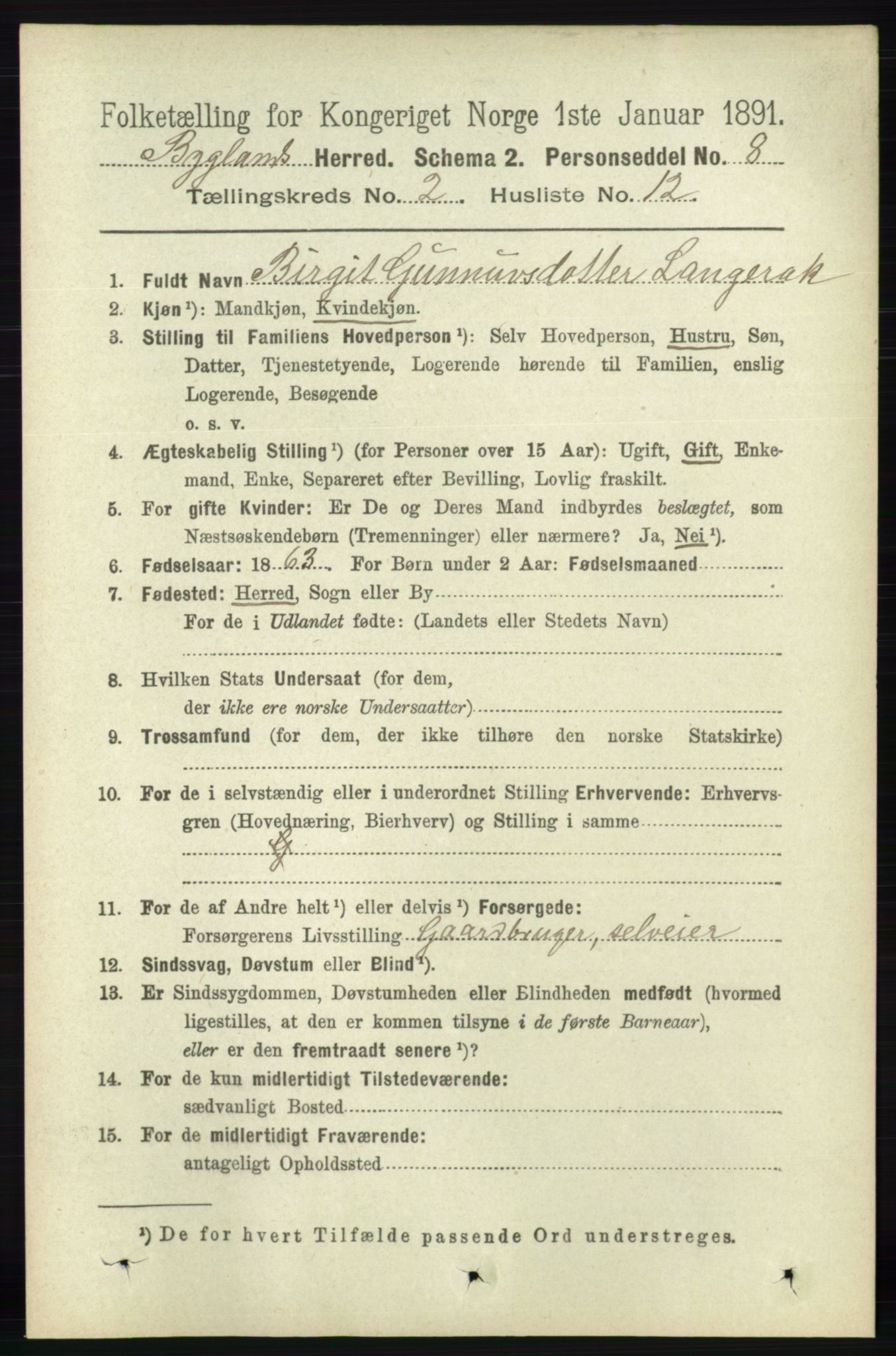 RA, Folketelling 1891 for 0938 Bygland herred, 1891, s. 324
