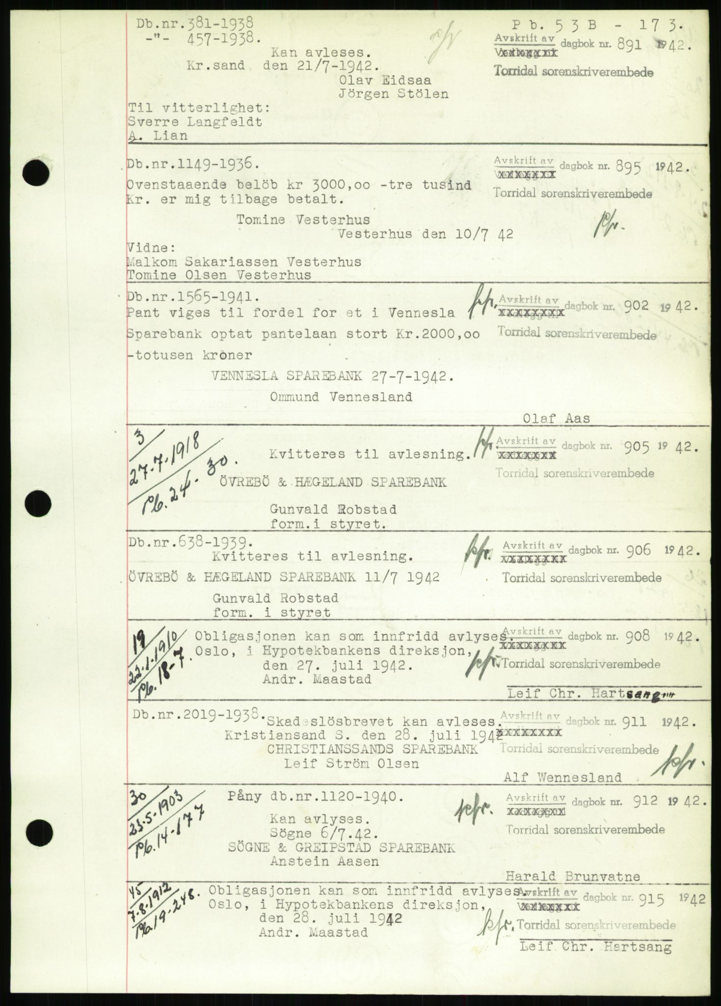 Torridal sorenskriveri, SAK/1221-0012/G/Gb/Gbb/L0009: Pantebok nr. 53b, 1942-1943, Dagboknr: 891/1942
