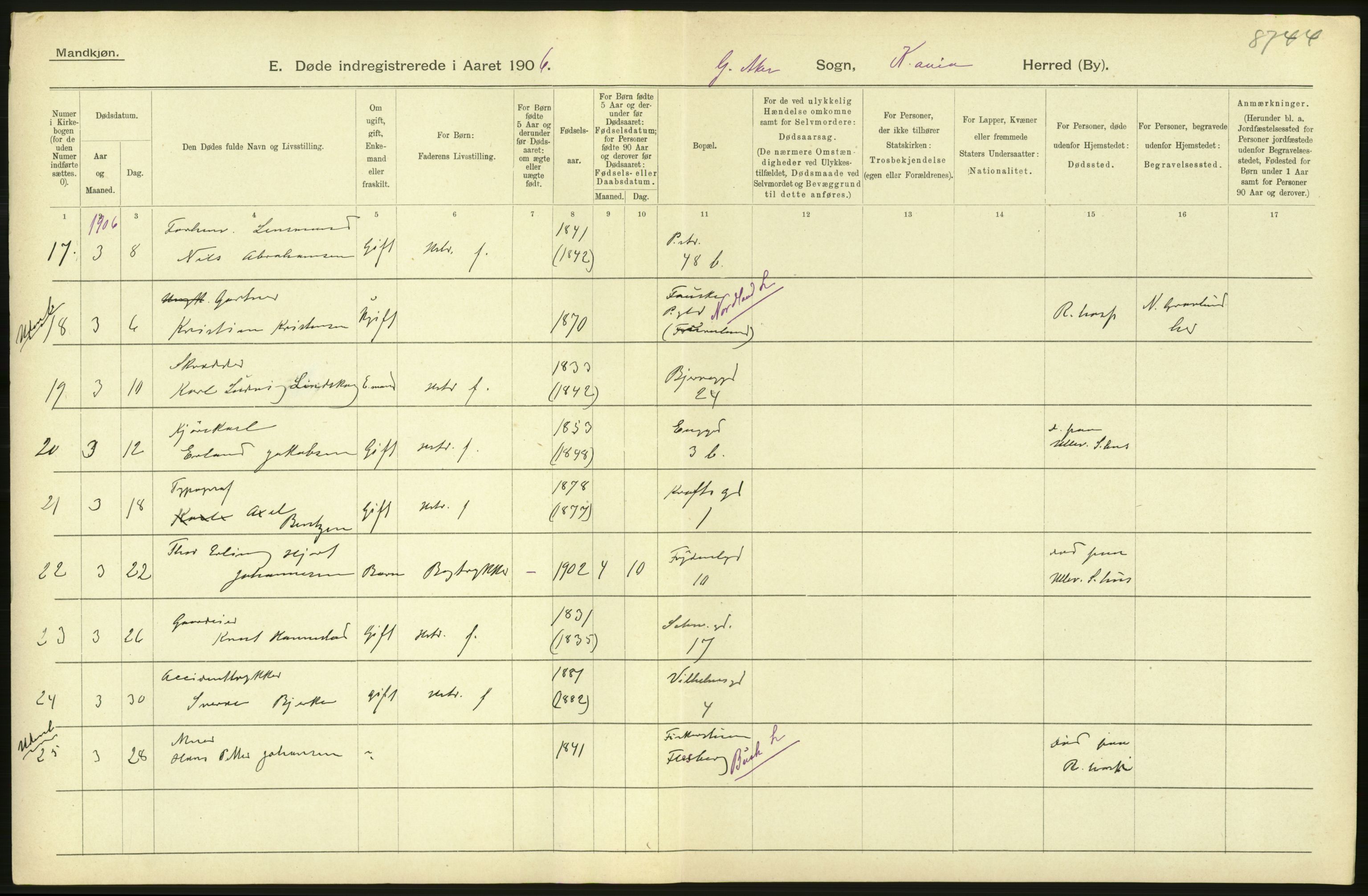 Statistisk sentralbyrå, Sosiodemografiske emner, Befolkning, AV/RA-S-2228/D/Df/Dfa/Dfad/L0010: Kristiania: Døde, dødfødte, 1906, s. 208