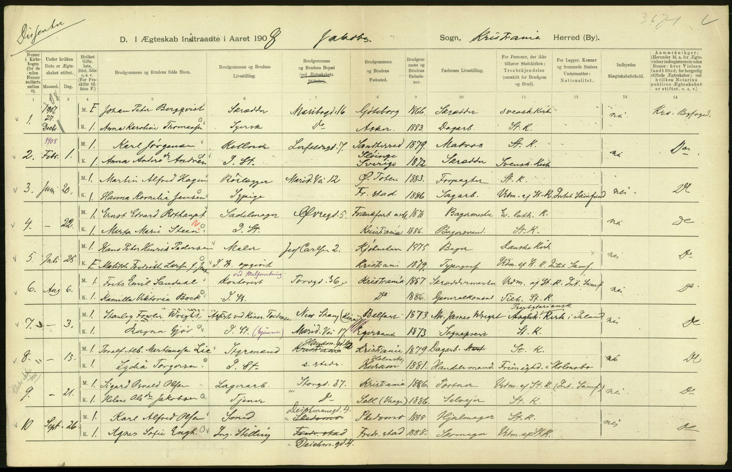 Statistisk sentralbyrå, Sosiodemografiske emner, Befolkning, AV/RA-S-2228/D/Df/Dfa/Dfaf/L0007: Kristiania: Gifte, 1908, s. 566