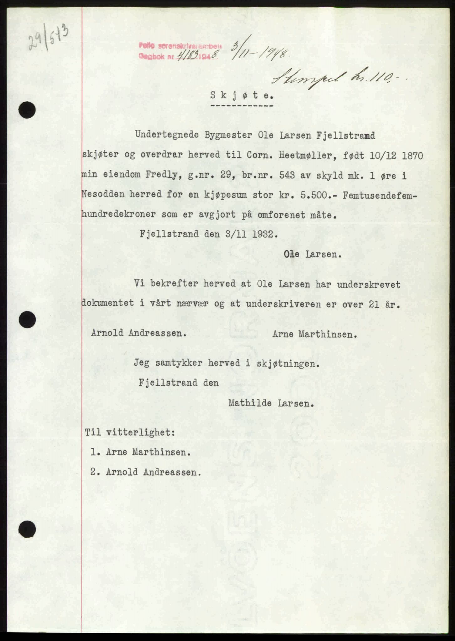 Follo sorenskriveri, SAO/A-10274/G/Ga/Gaa/L0085: Pantebok nr. I 85, 1948-1948, Dagboknr: 4183/1948