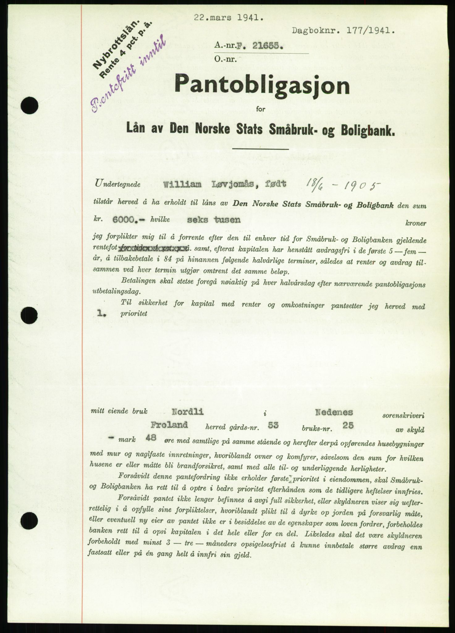 Nedenes sorenskriveri, SAK/1221-0006/G/Gb/Gbb/L0001: Pantebok nr. I, 1939-1942, Dagboknr: 177/1941