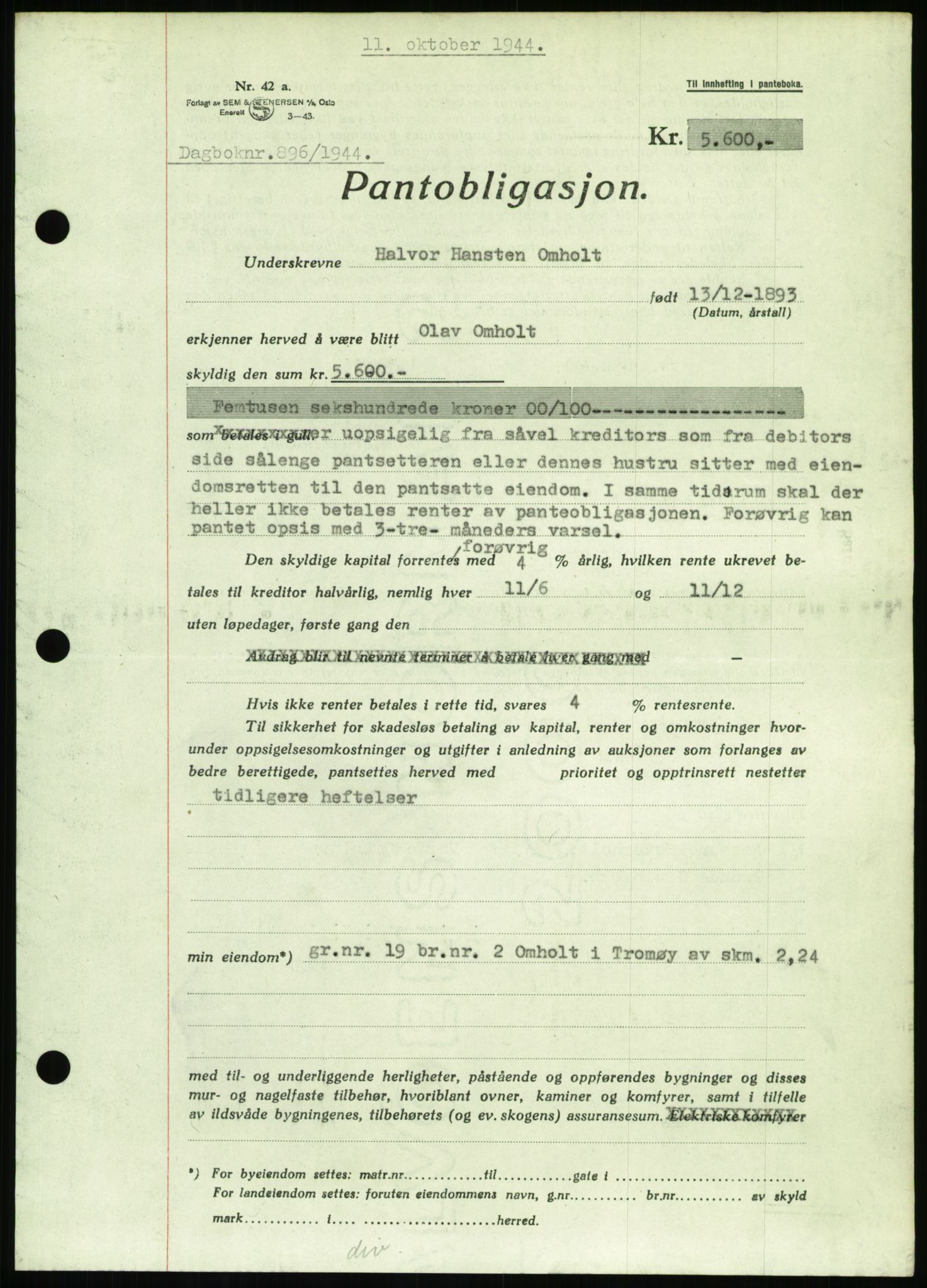 Nedenes sorenskriveri, SAK/1221-0006/G/Gb/Gbb/L0002: Pantebok nr. II, 1942-1945, Dagboknr: 896/1944