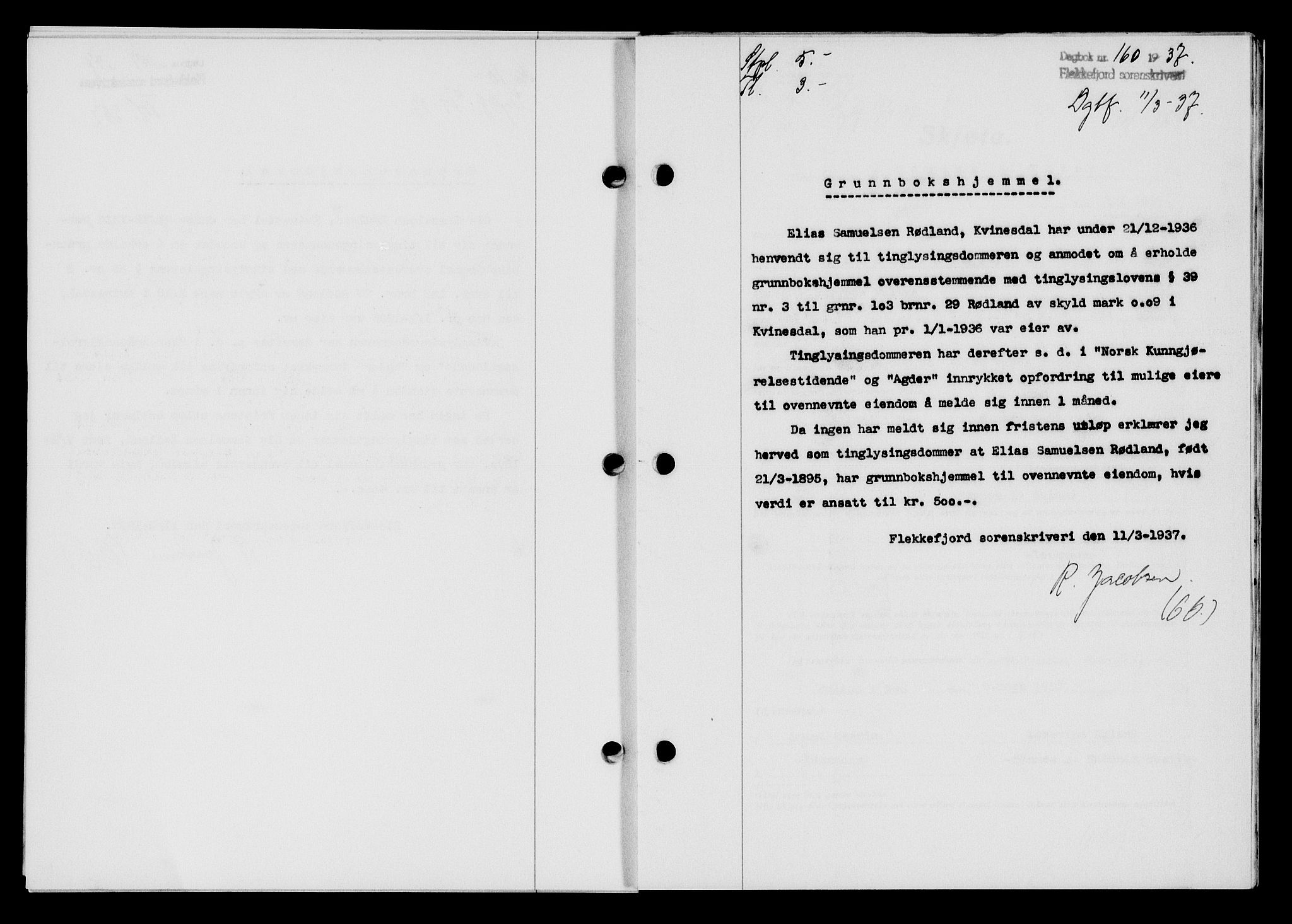 Flekkefjord sorenskriveri, SAK/1221-0001/G/Gb/Gba/L0053: Pantebok nr. A-1, 1936-1937, Dagboknr: 160/1937