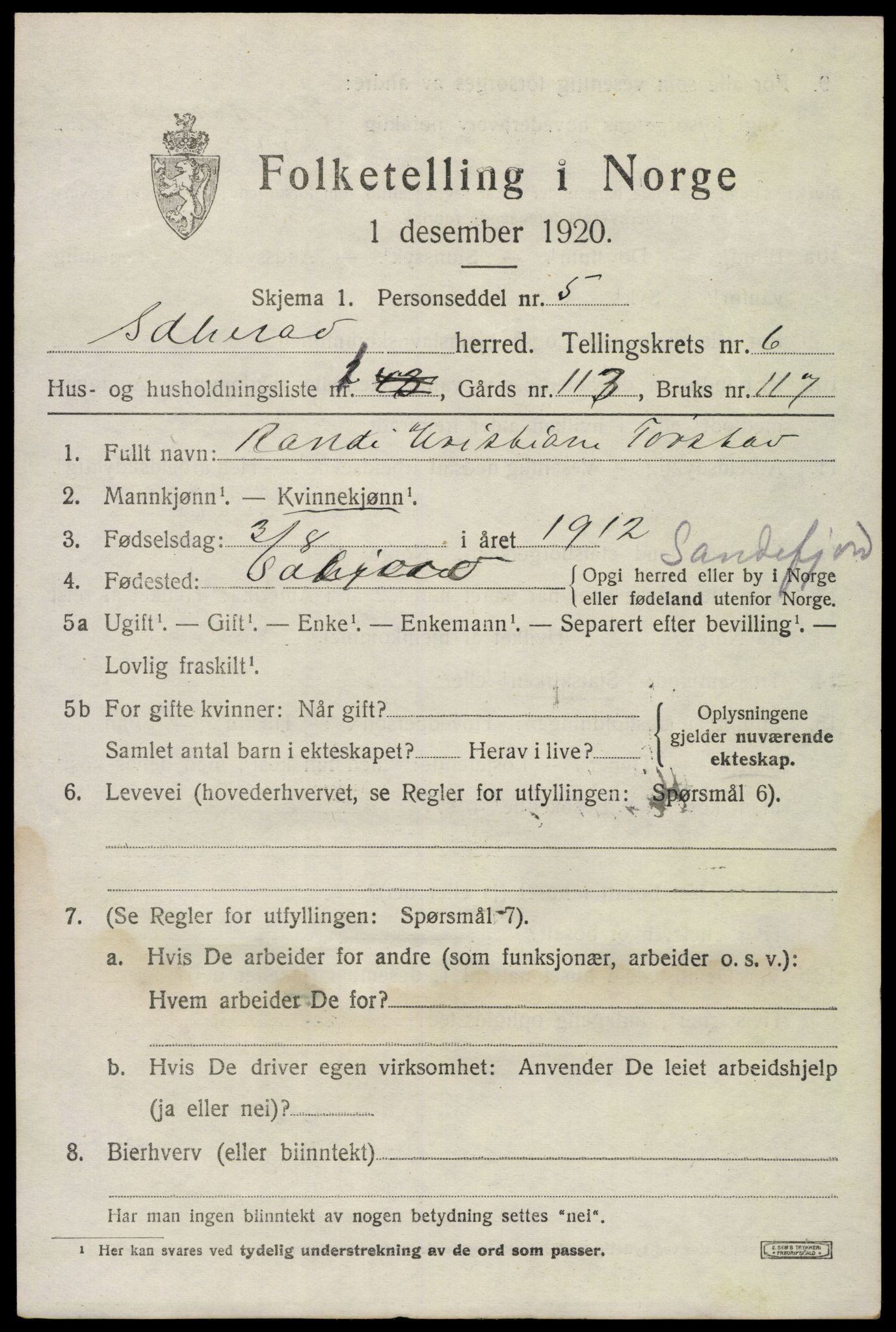 SAKO, Folketelling 1920 for 0724 Sandeherred herred, 1920, s. 9566