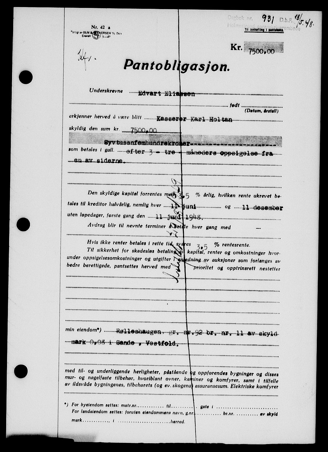 Holmestrand sorenskriveri, SAKO/A-67/G/Ga/Gab/L0058: Pantebok nr. B-58, 1947-1948, Dagboknr: 931/1948