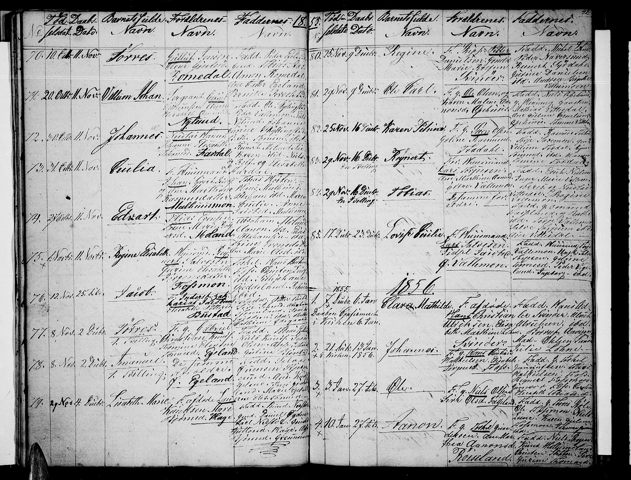 Sør-Audnedal sokneprestkontor, AV/SAK-1111-0039/F/Fb/Fbb/L0002: Klokkerbok nr. B 2, 1846-1865, s. 42