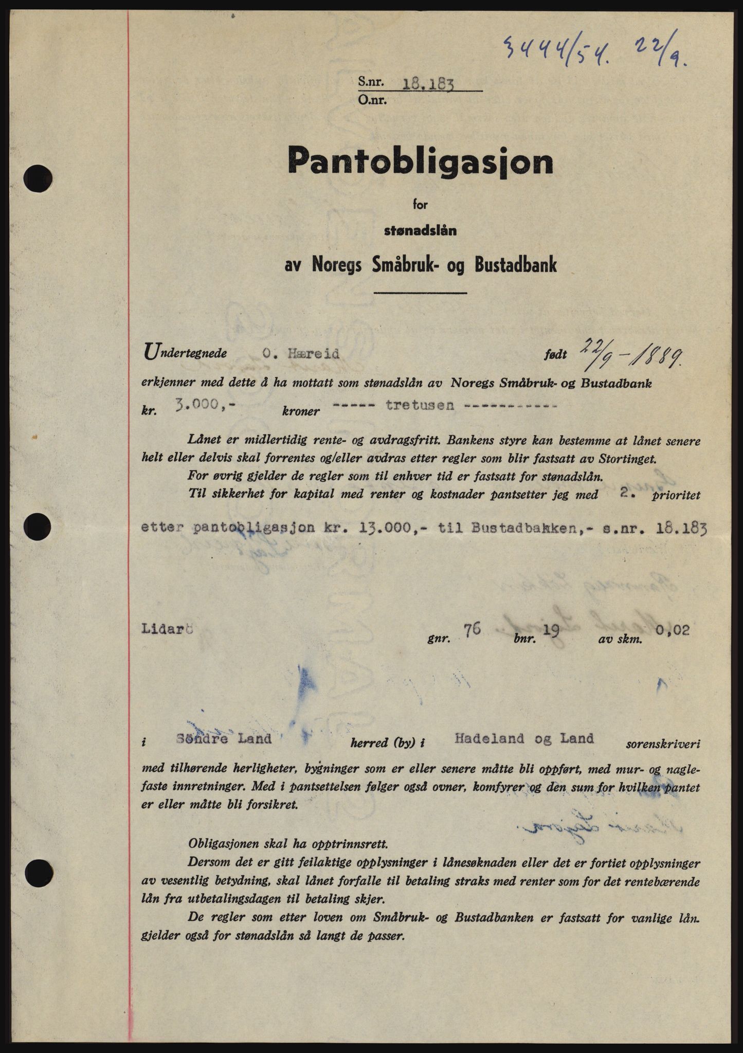 Hadeland og Land tingrett, SAH/TING-010/H/Hb/Hbc/L0030: Pantebok nr. B30, 1954-1954, Dagboknr: 3444/1954